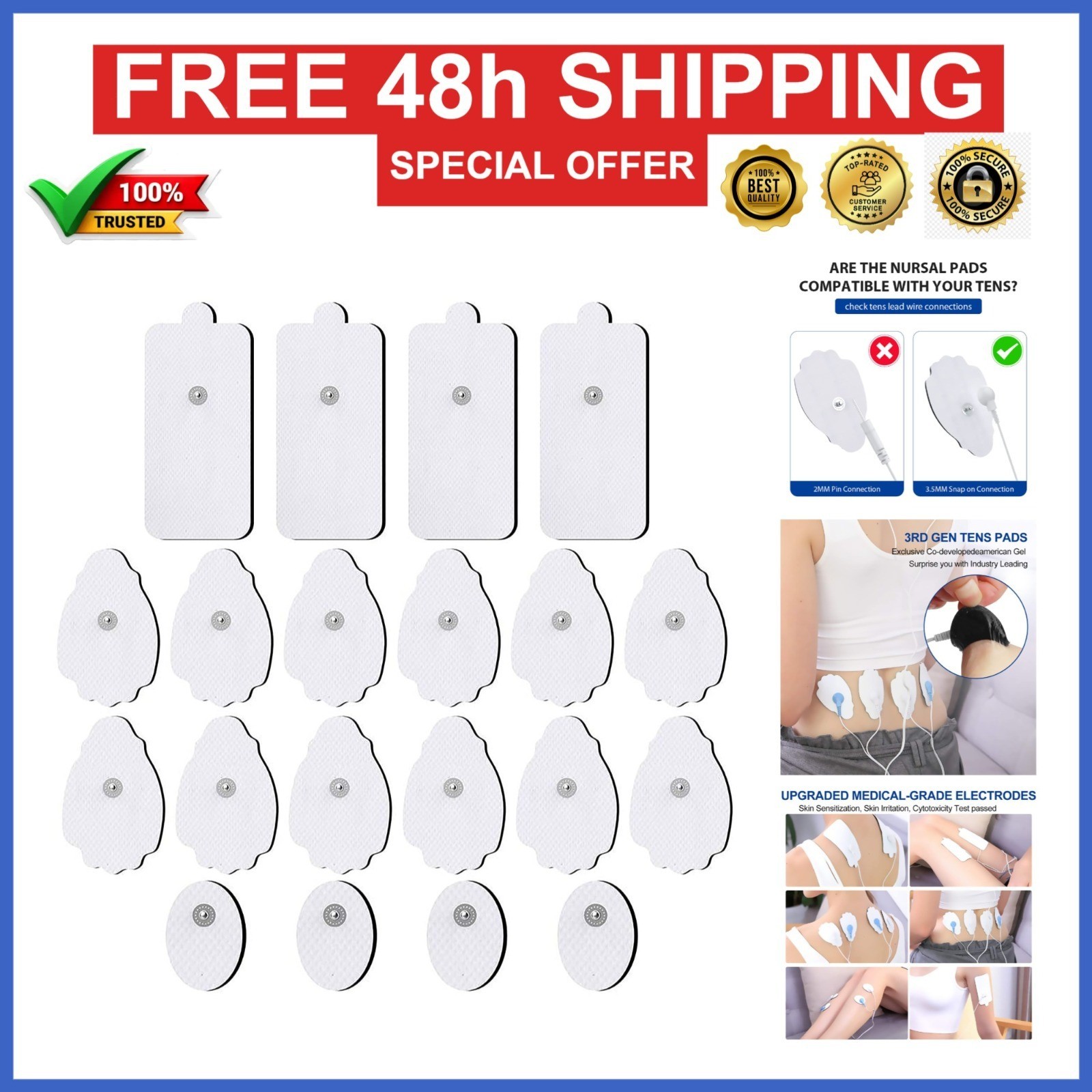 NURSAL TENS/EMS Unit Replacement Pads 20 Pack 3.5mm Snap Electrodes