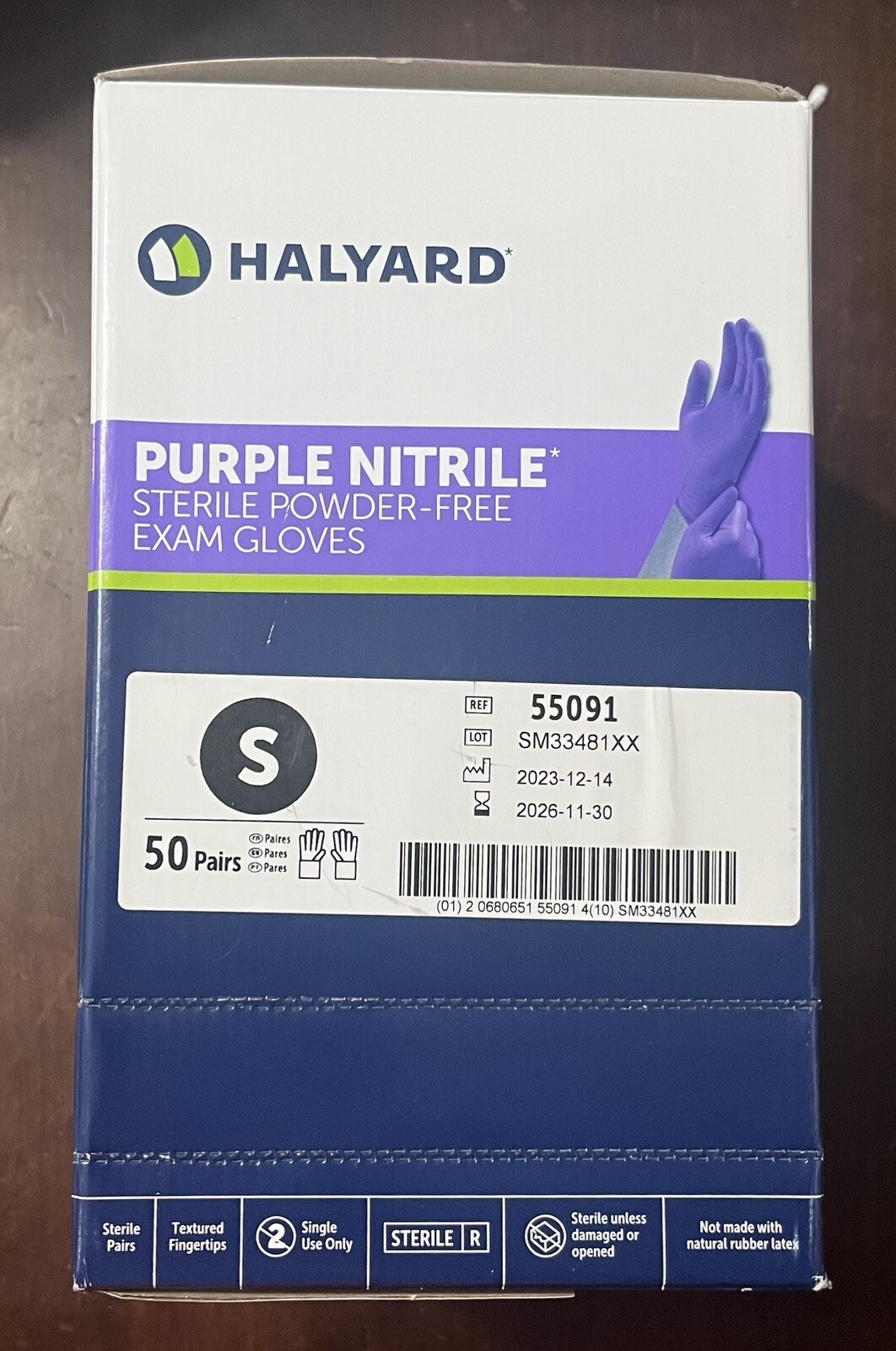 HALYARD Purple STERILE Nitrile Powder Free Gloves 45 pairs (90 Pcs) SMALL New