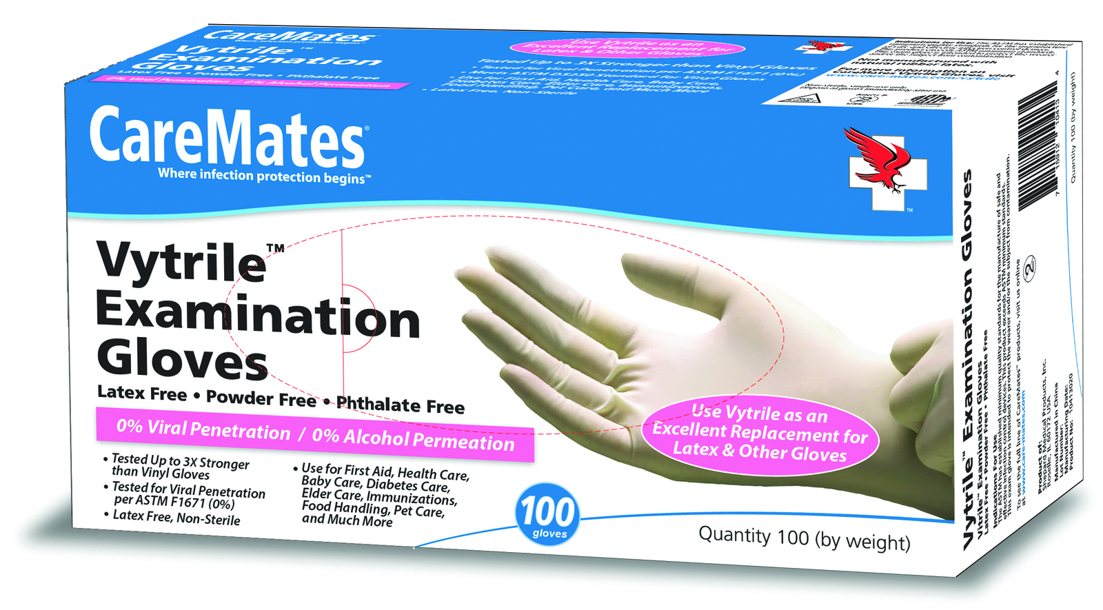 CareMates Vytrile Examination Gloves Powder Free and Latex Free Medium 100 Count