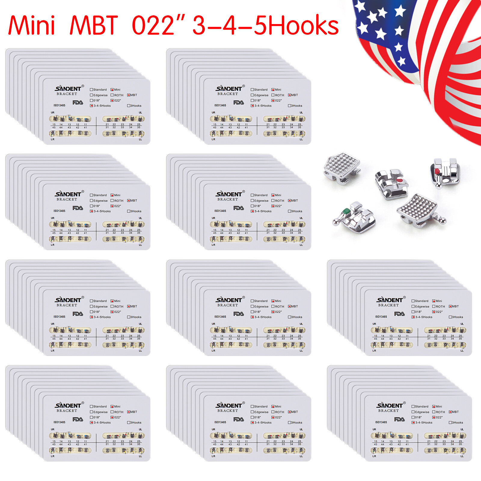 100 Kits Orthodontics Metal Mini MBT Slot.022 Hooks 3-4-5 Brackets Braces Sale-A