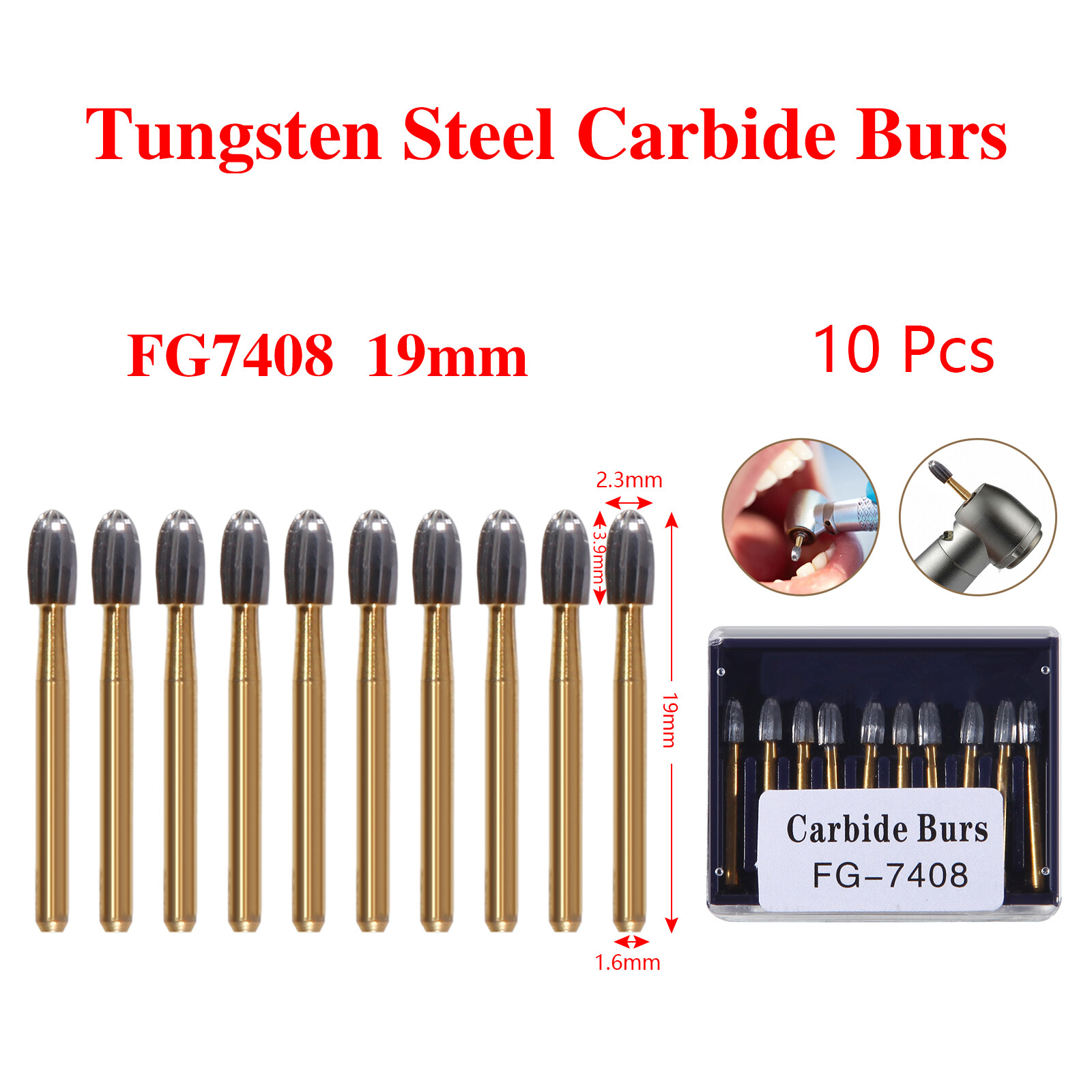 10X Dental Tungsten Carbide Burs Trimming Finishing Egg Football Bur FG 7408
