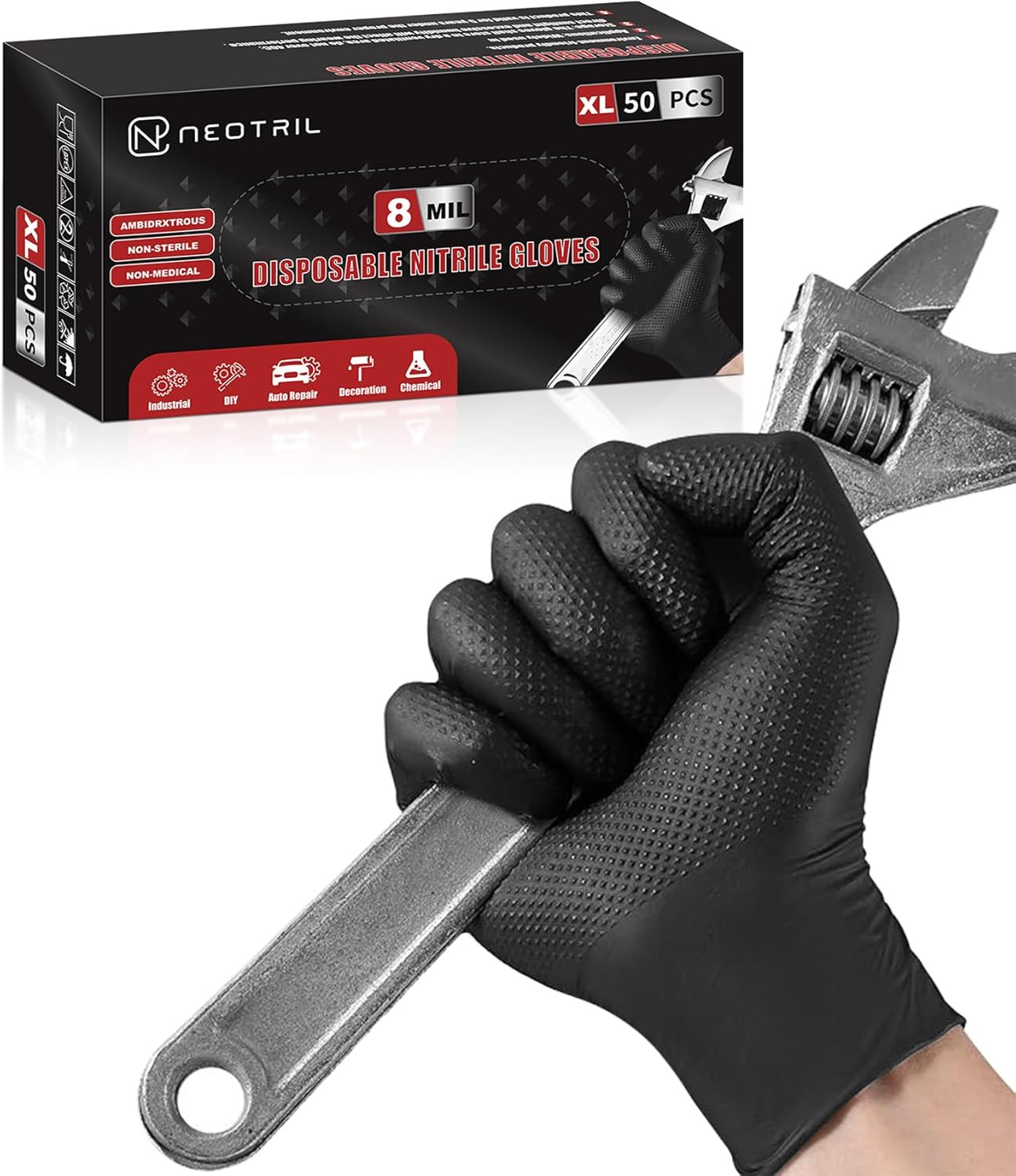 8 Mil Heavy Duty Disposable Nitrile Gloves with Diamond Texture Grip Rubber Glov