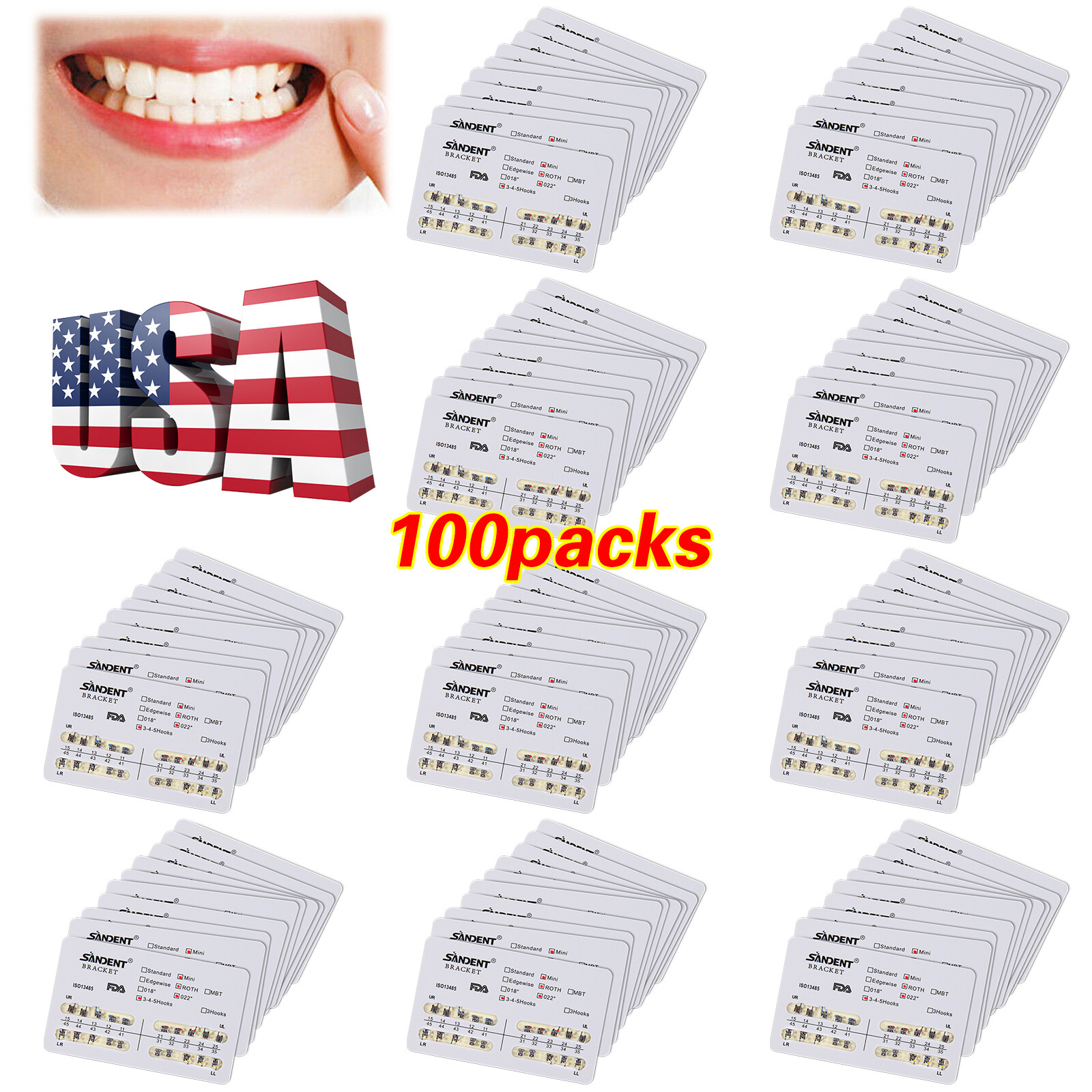 10-100 Packs Dental Orthodontic Brackets Braces Mini Roth.022Hooks 3-4-5 SANDENT
