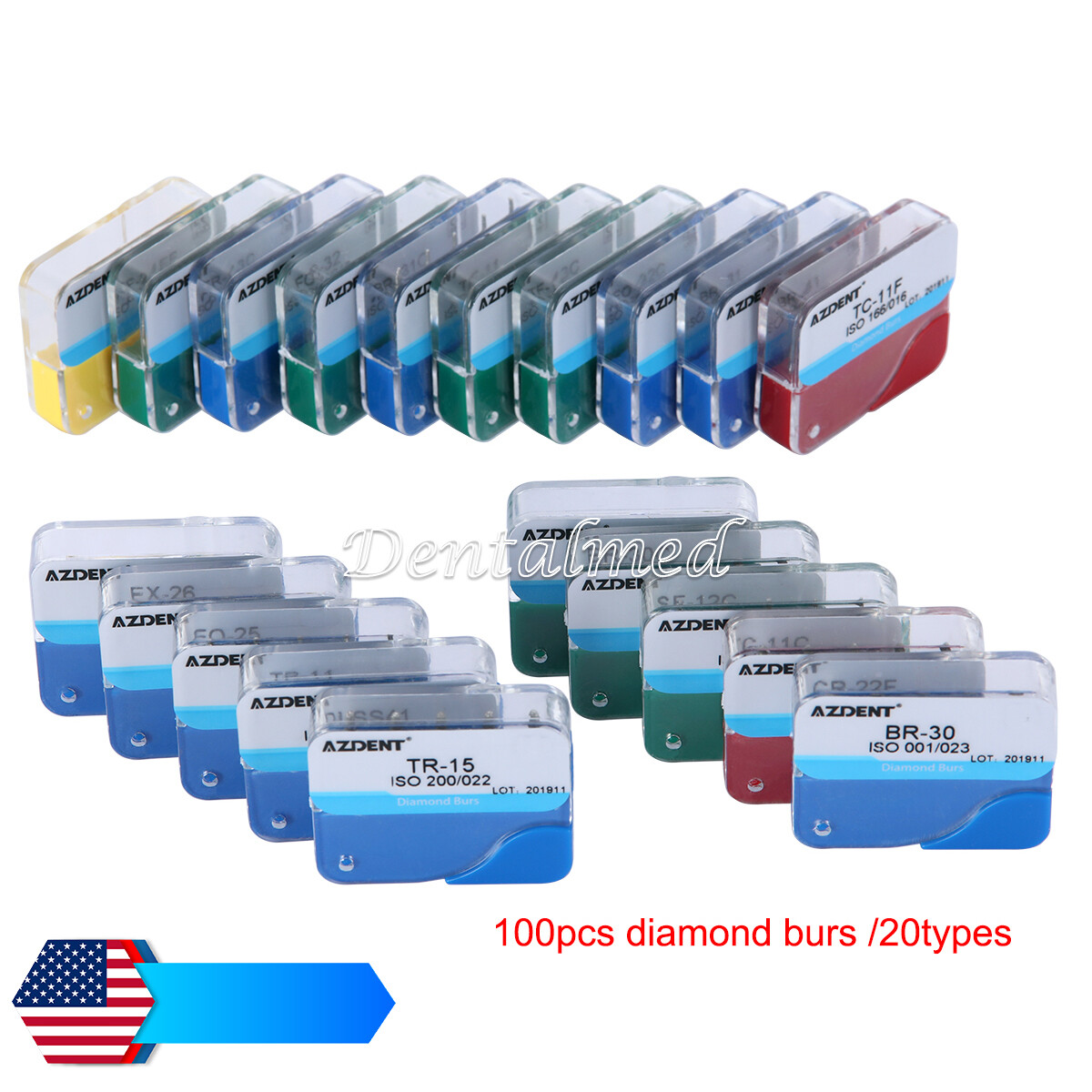 AZDENT 100Pcs Dental Diamond Burs for High Speed Handpiece Medium FG 1.6MM