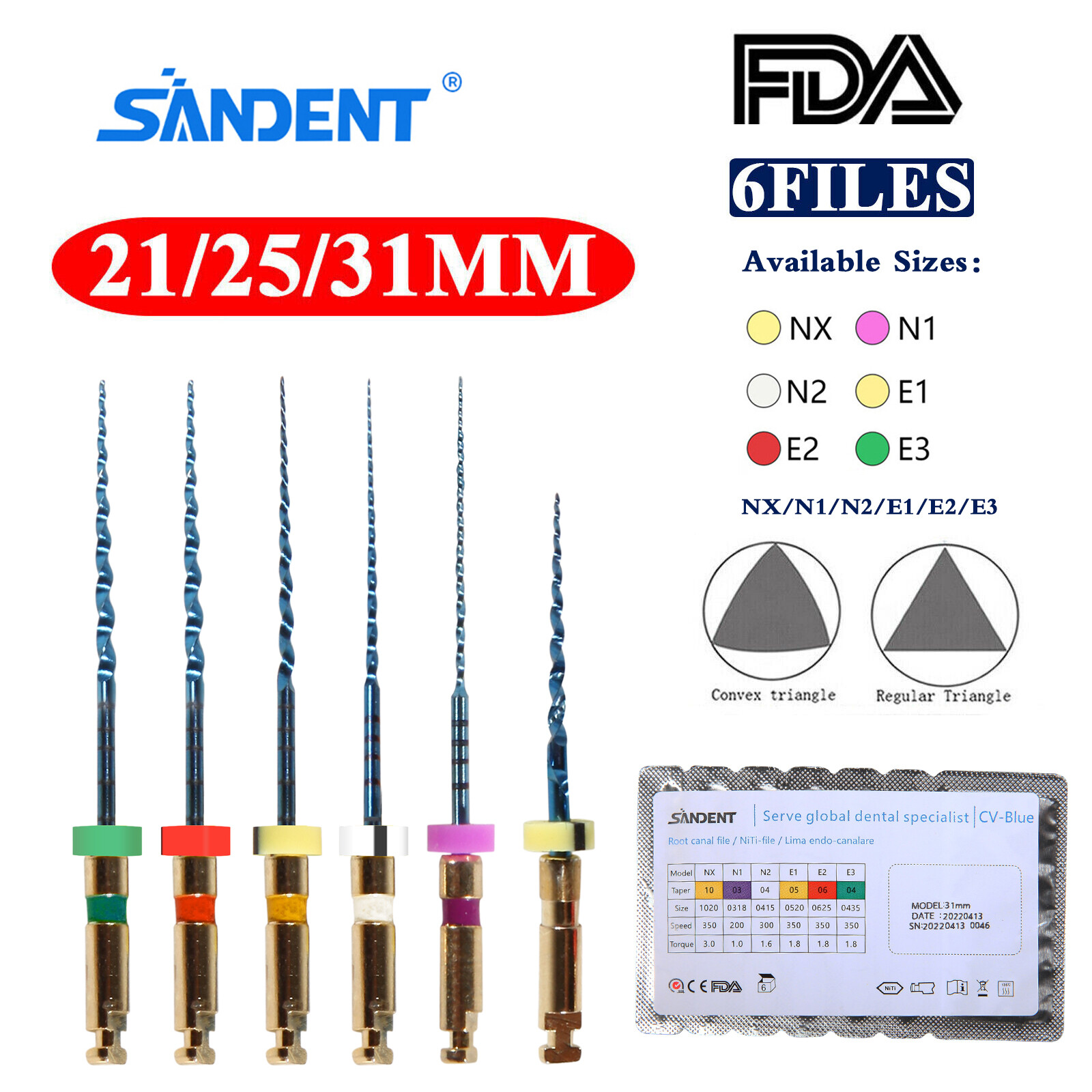 SANDENT Dental NiTi Endo Engine Use Root Canal Rotary Files 21mm/25mm/31mm
