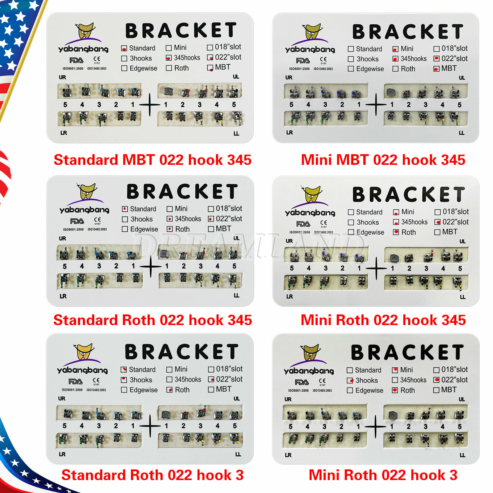 Yabangbang Dental Ortho Brackets Braces Mini/Standard MBT/Roth 022/018 Hooks 345