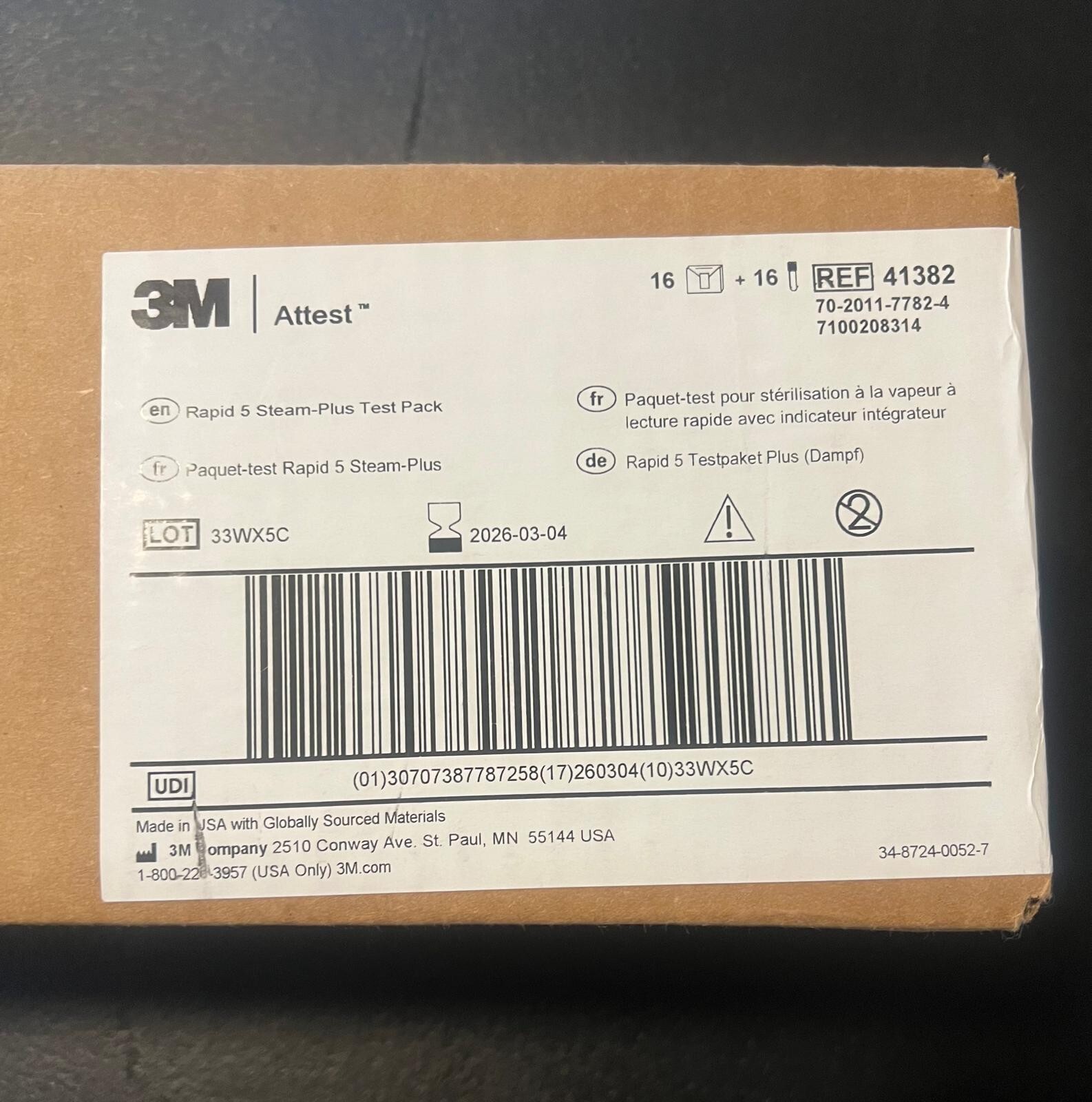 3M Attest Ref 41382 Rapid 5 Steam-Plus Test Pack (Box of 16) Exp. 2026-03