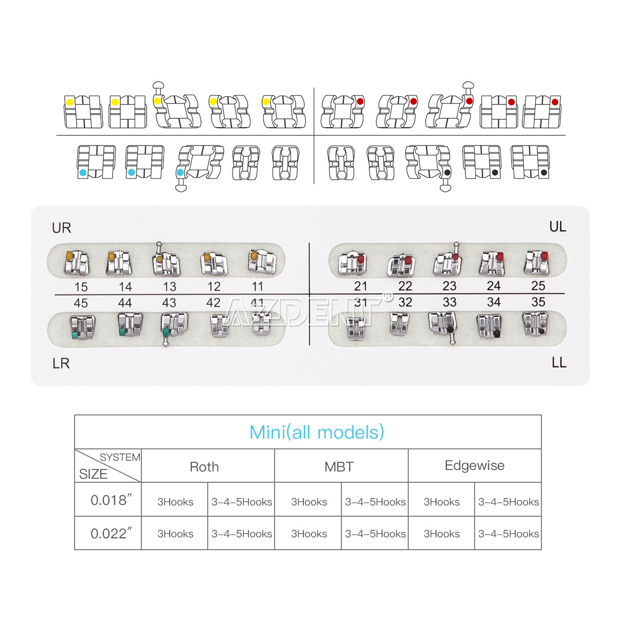 AZDENT Dental Orthodontic Brackets Braces Mini Roth MBT Slot 022/018 Hooks 345