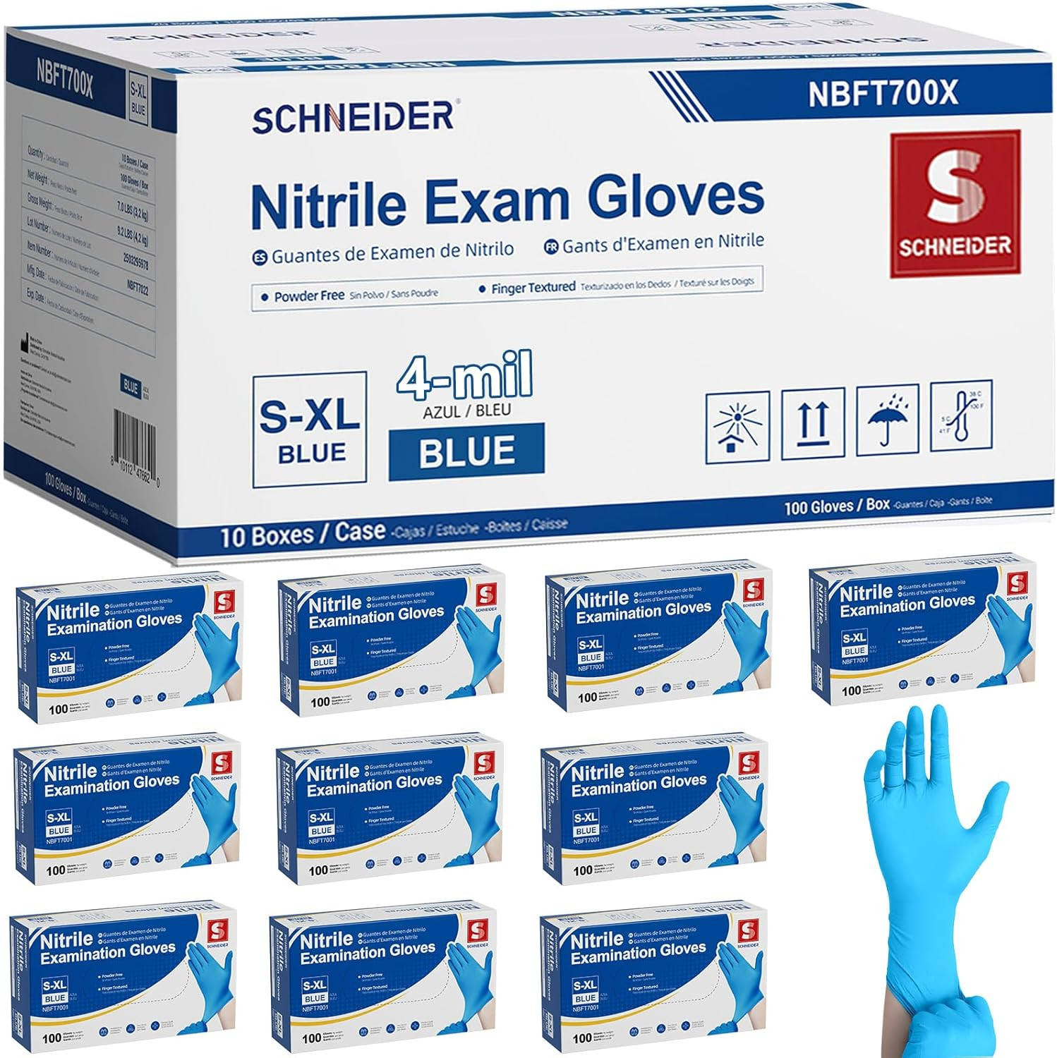 Schneider Medical Nitrile Exam Gloves, 4 Mil, Powder-Free, Latex-Free, Disposabl