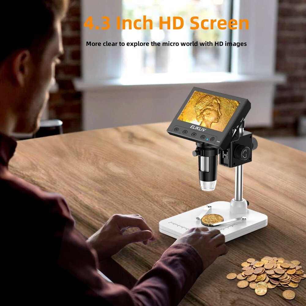 Elikliv Coin Microscope 1000X 4.3” LCD Digital Microscope with Screen USB HD