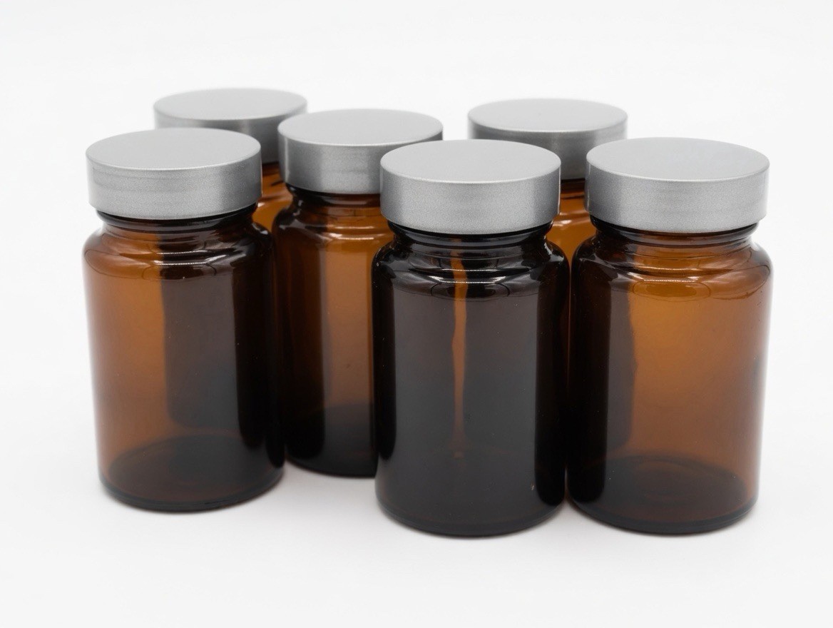 75cc Amber Glass Packer Bottles w/ Silver Caps – New Bulk Lot 2.5oz 100 Pack