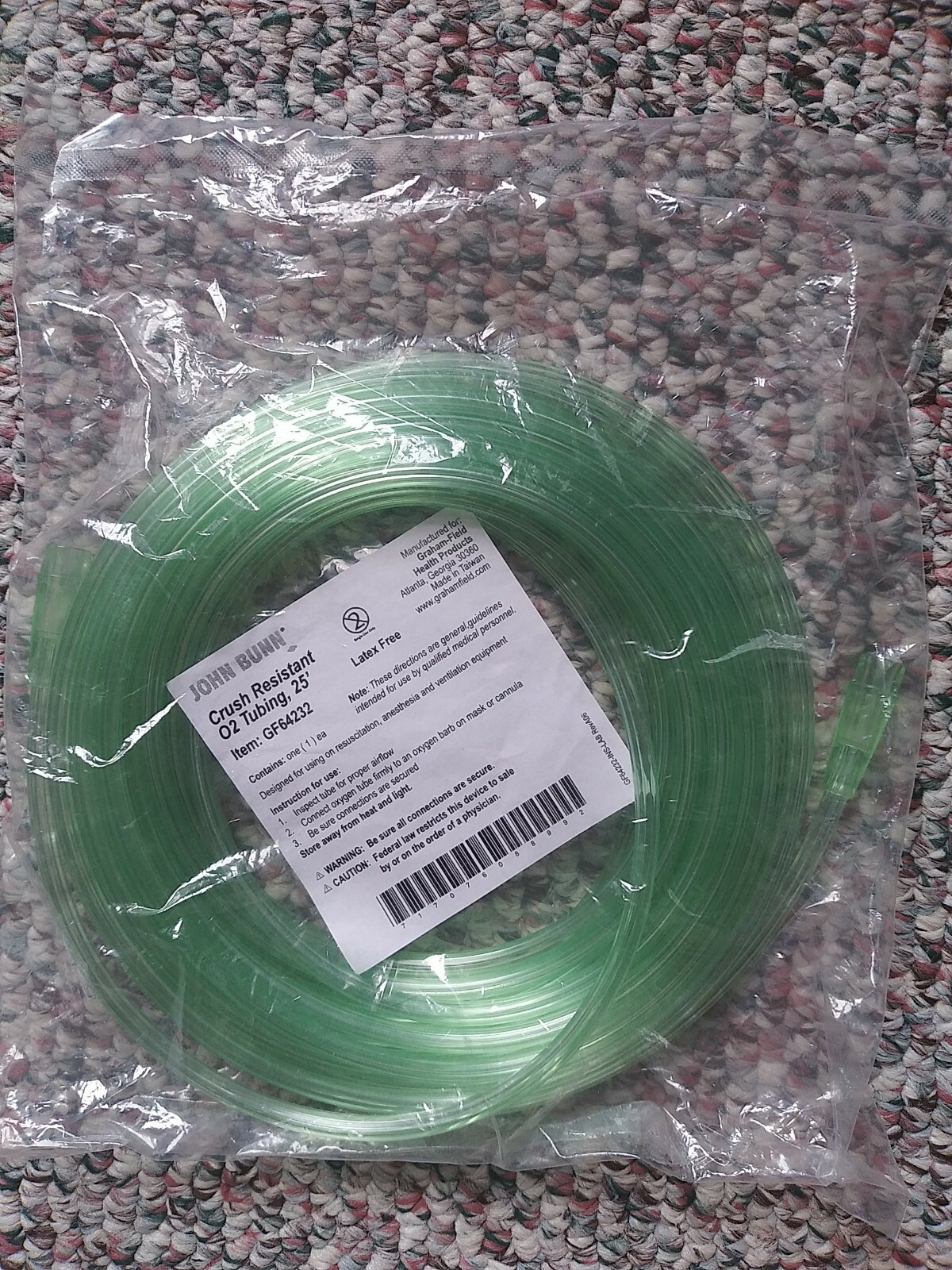 John Bunn Crush Resistant O2 Tubing, 25′ Item: GF64232 717076088992 Latex-Free