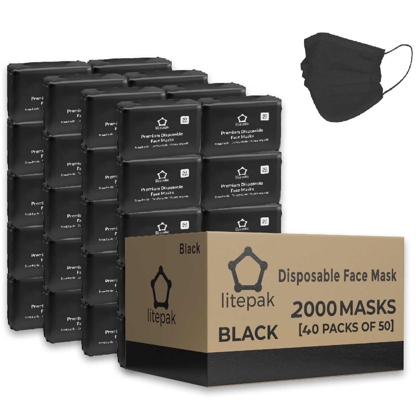 2000pcs Disposable 3-Ply Face Masks – Breathable Black Adult Masks (40×50 Pack)