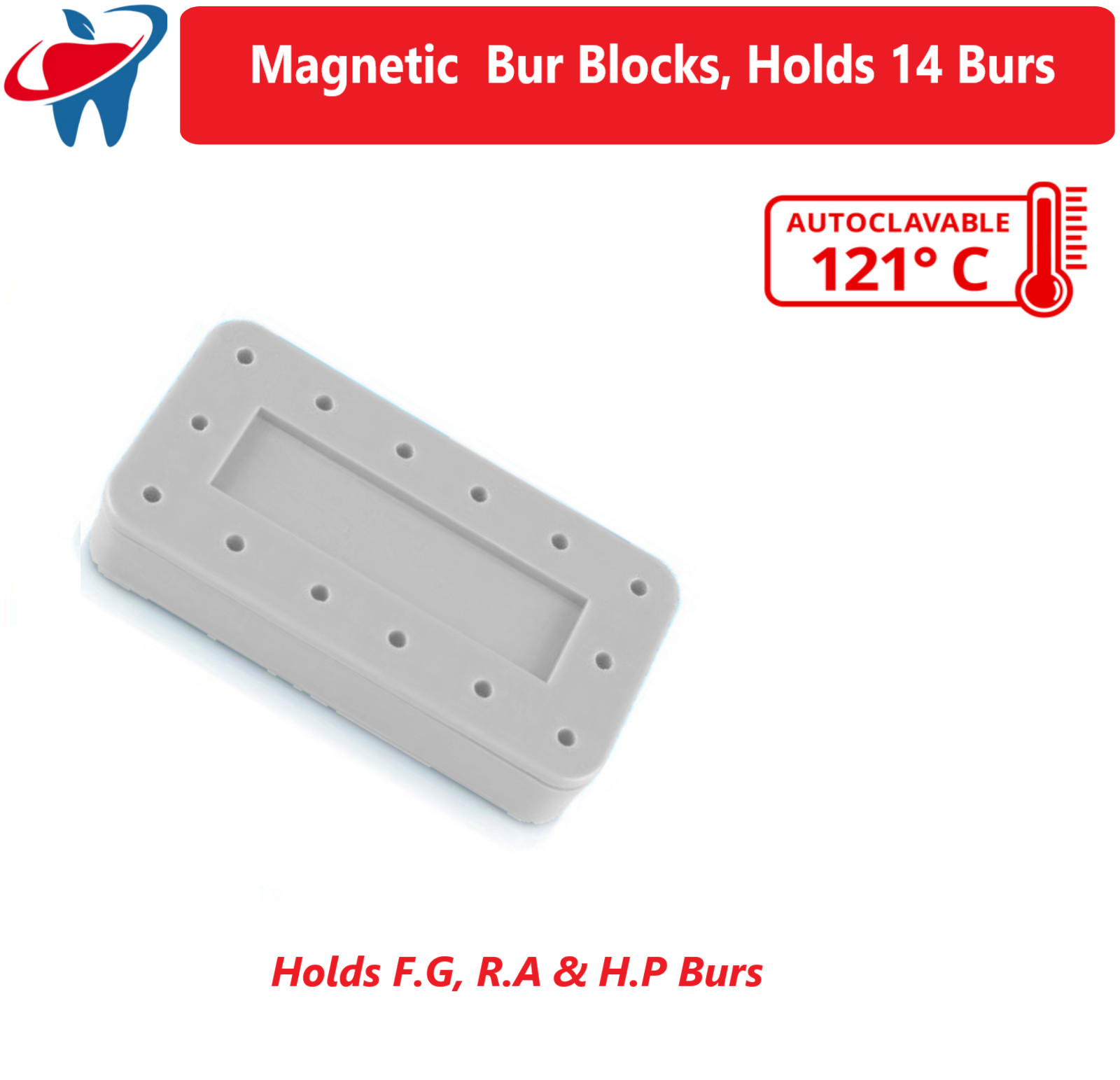 Dental Bur Block Magnetic RECTANGULAR Lab Holder Station Holds 14 Burs FG, HP RA