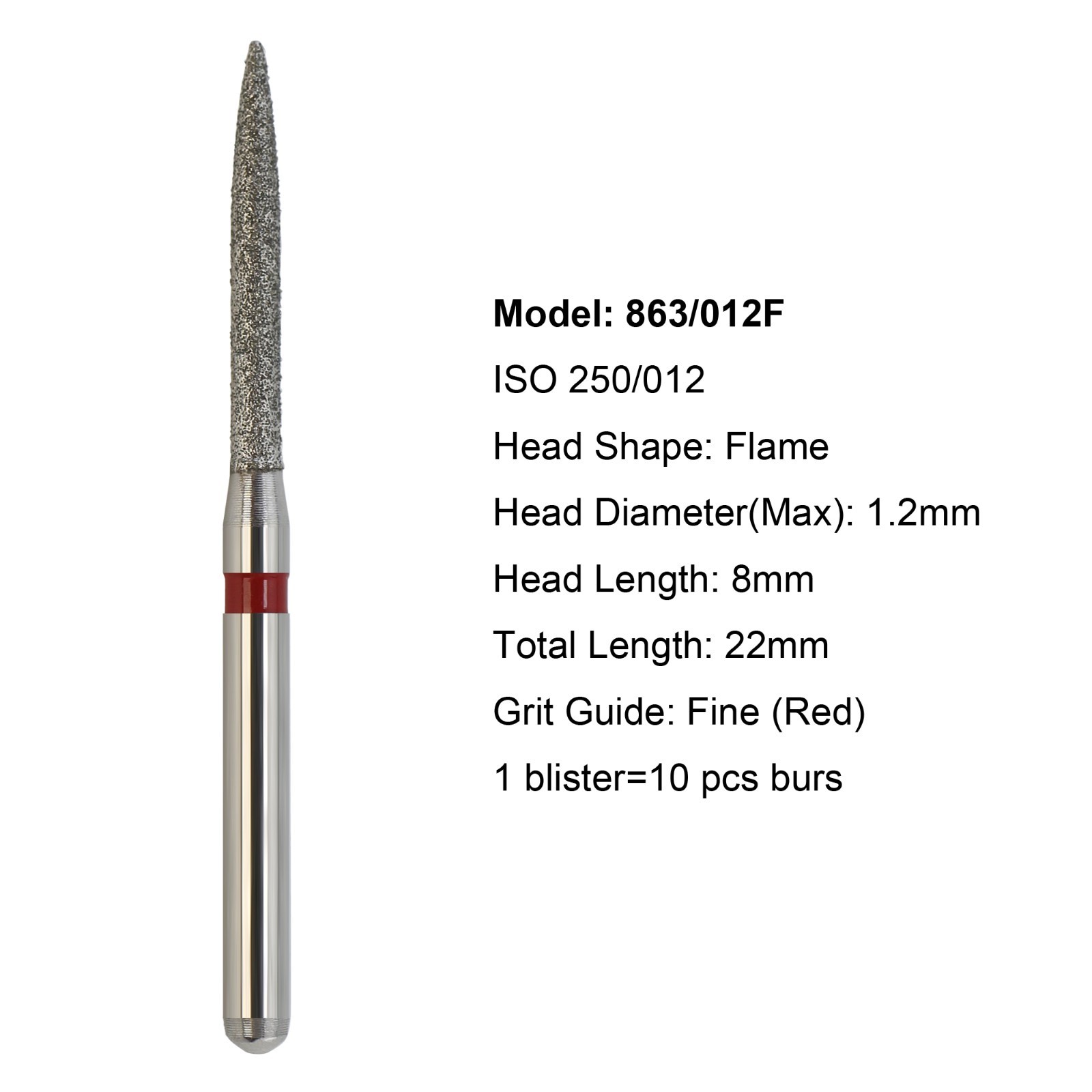 Dental Fine Flame Diamond Burs 863/012F Bur Red FG High Speed Friction Grip Burr