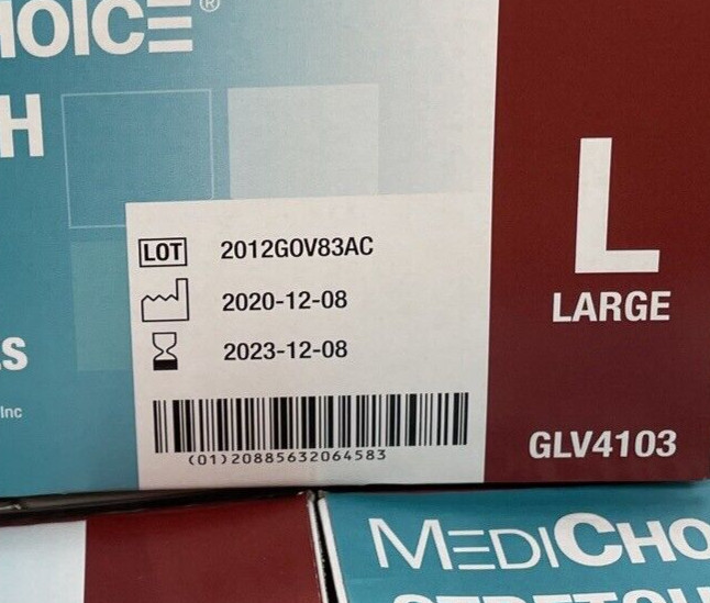 Damaged Case Medi Choice Size: LARGE Stretch Vinyl EXAM GLOVES Exp: 12/23