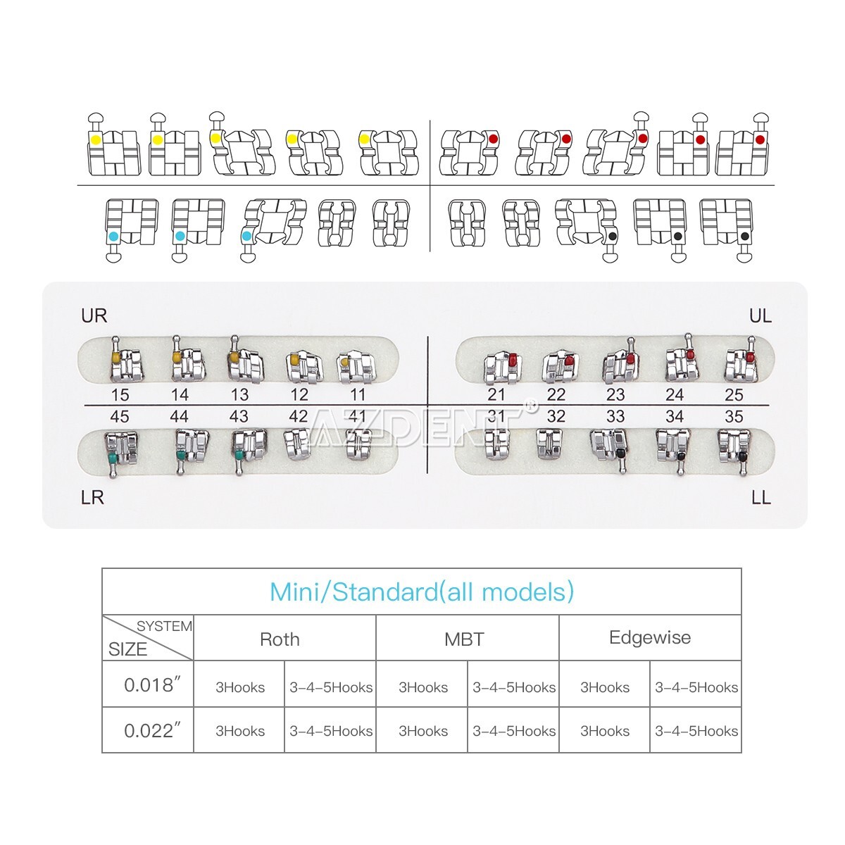 AZDENT Dental Orthodontic Brackets Braces Standard Roth Slot.022 Hooks 345 FDA