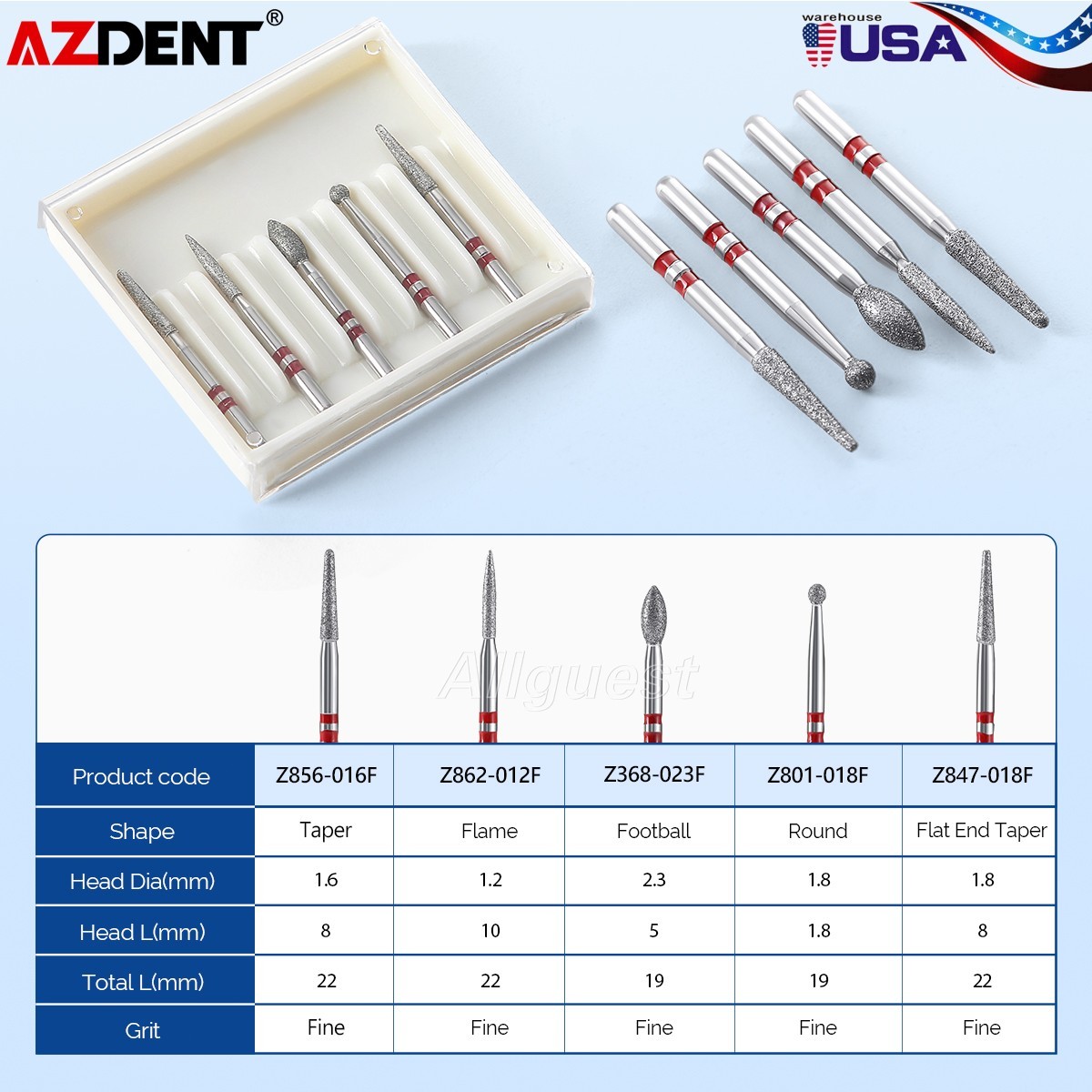 AZDENT Dental Diamond Burs Kit High Speed FG 1.6mm for Cutting Zirconia USA