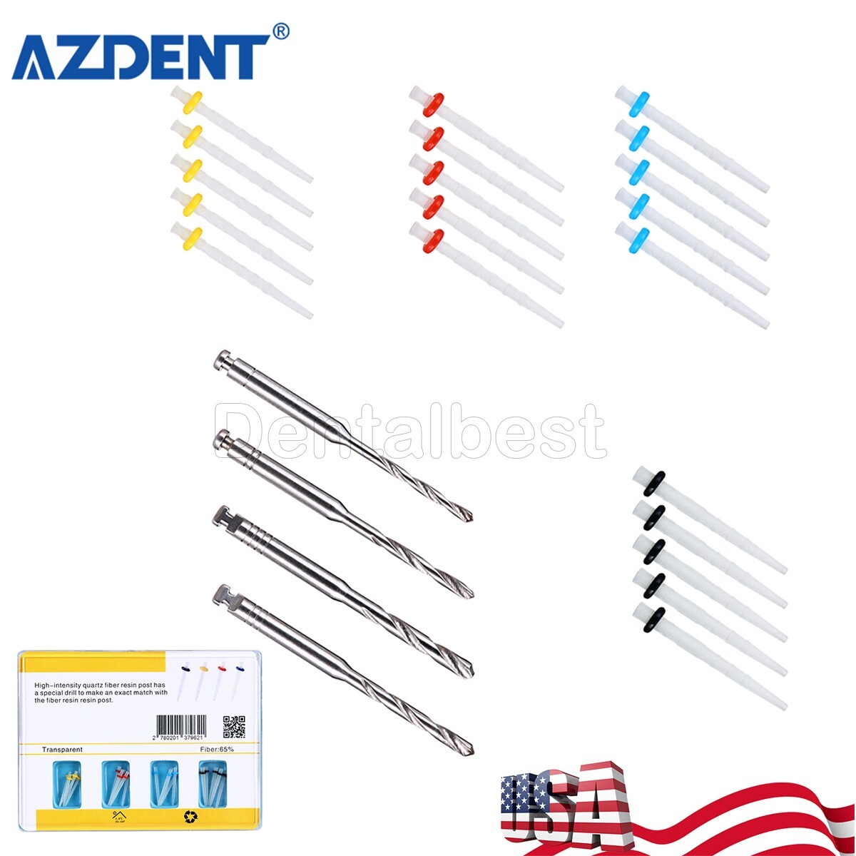 Dental Fiber Posts Resin High-intensity Screw Thread Glass & 4 Drills AZDENT