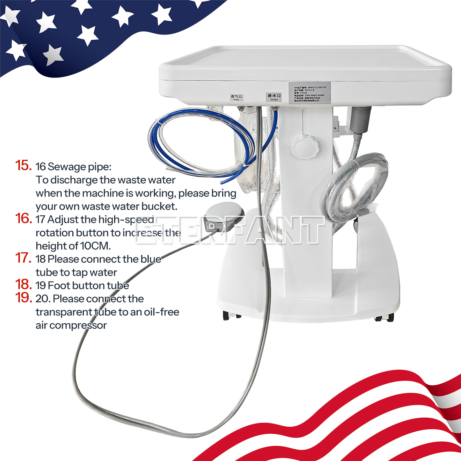 Mobile Portable Dental Delivery Unit System Cart Treatment Work Compressor 4Hole