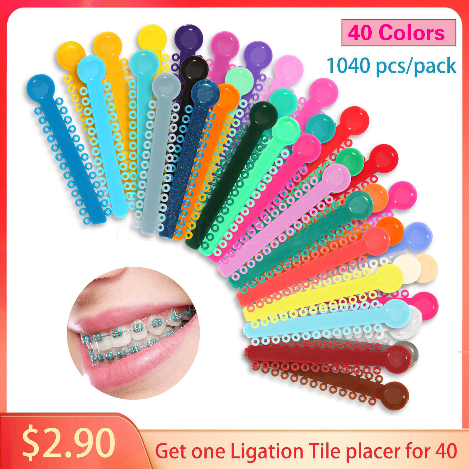 1040Pcs Dental Orthodontic Ligature Ties Braces Elastic Rubber Bands 40 Colors