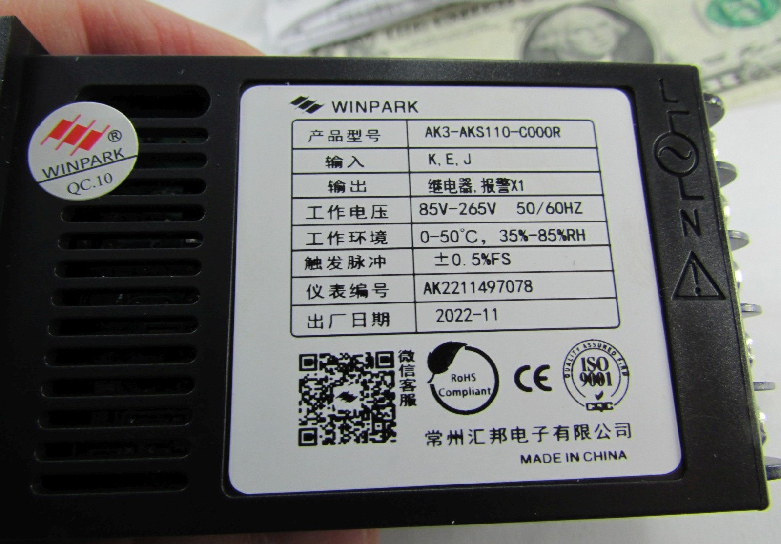 Winpark AK3 Temperature Controllers, 85V to 265V AC, 0 to 50C Relay Alarm, K,E,J