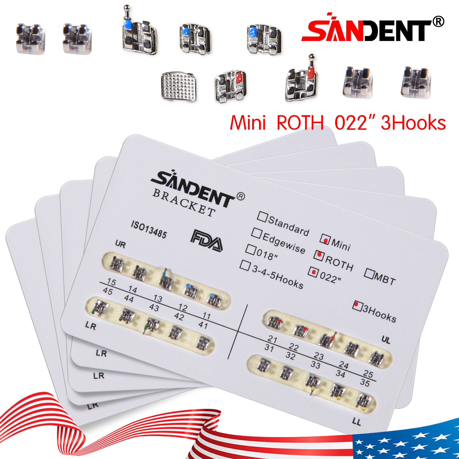 200Pcs Dental Ortho Brackets Braces Mini Roth Slot.022 3-Hooks Metal #3