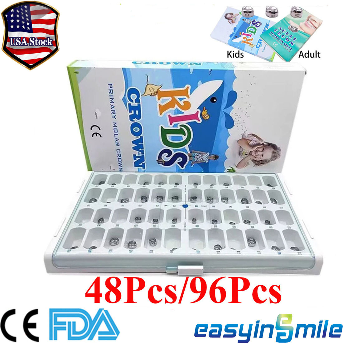 Dental Molar Crown teeth Kit Preformed Stainless Steel Kids/Adult Crowns 48/96Pc