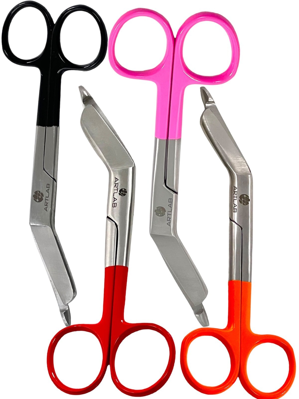 4 LISTER BANDAGE SCISSORS 5.5″ Orange, Black, Pink and Red Ring Stainless Steel