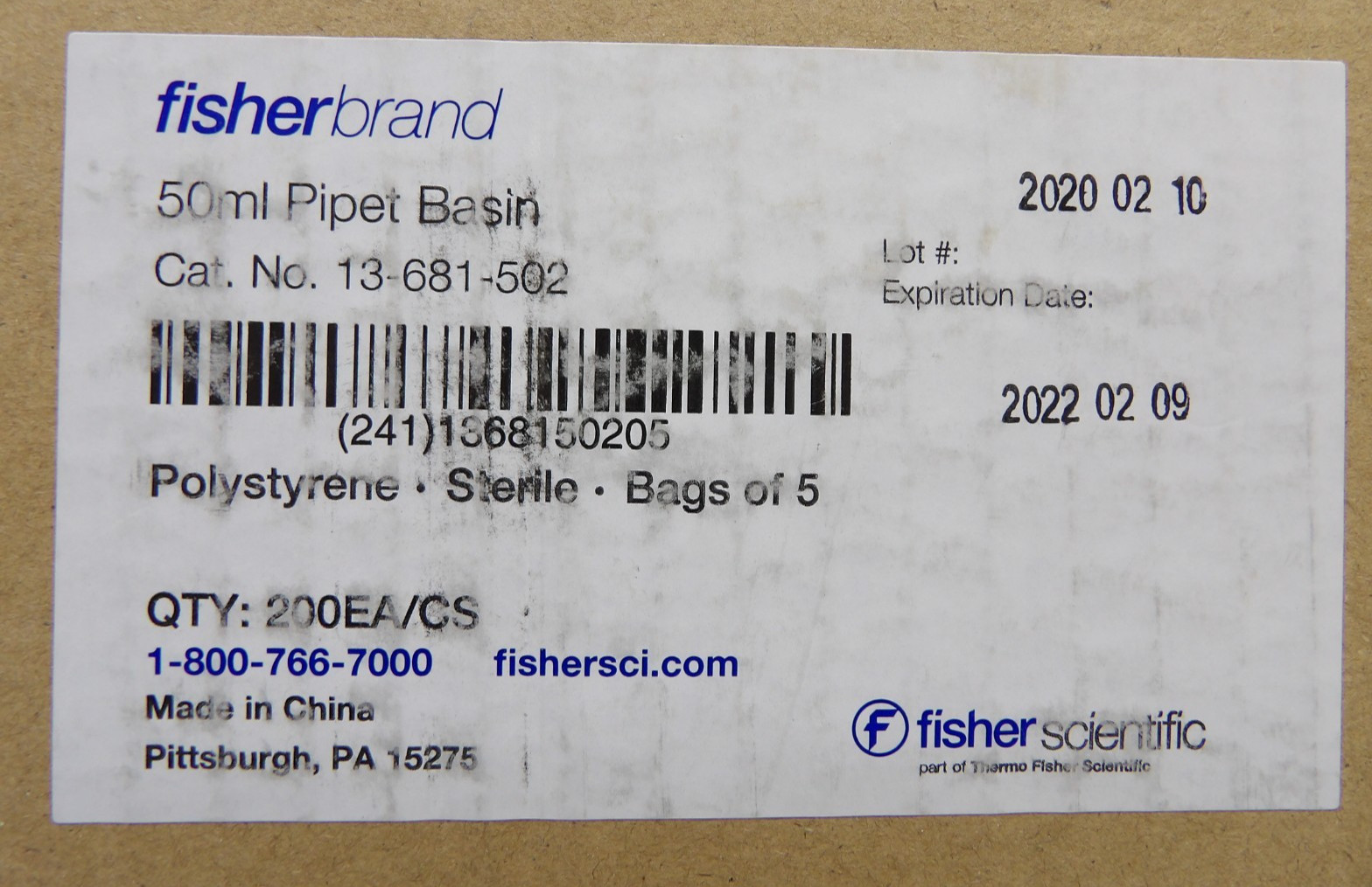 Fisherbrand 13-681-502 50ml Pipet Basin Polystyrene Sterile Bag of 5 Qty: 200/CS