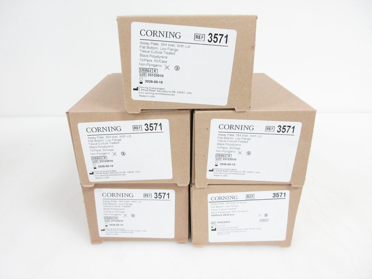 5 BOX CORNING 3571 384-WELL FLAT BOTTOM POLYSTYRENE MICROPLATE EXP 2026-08-18