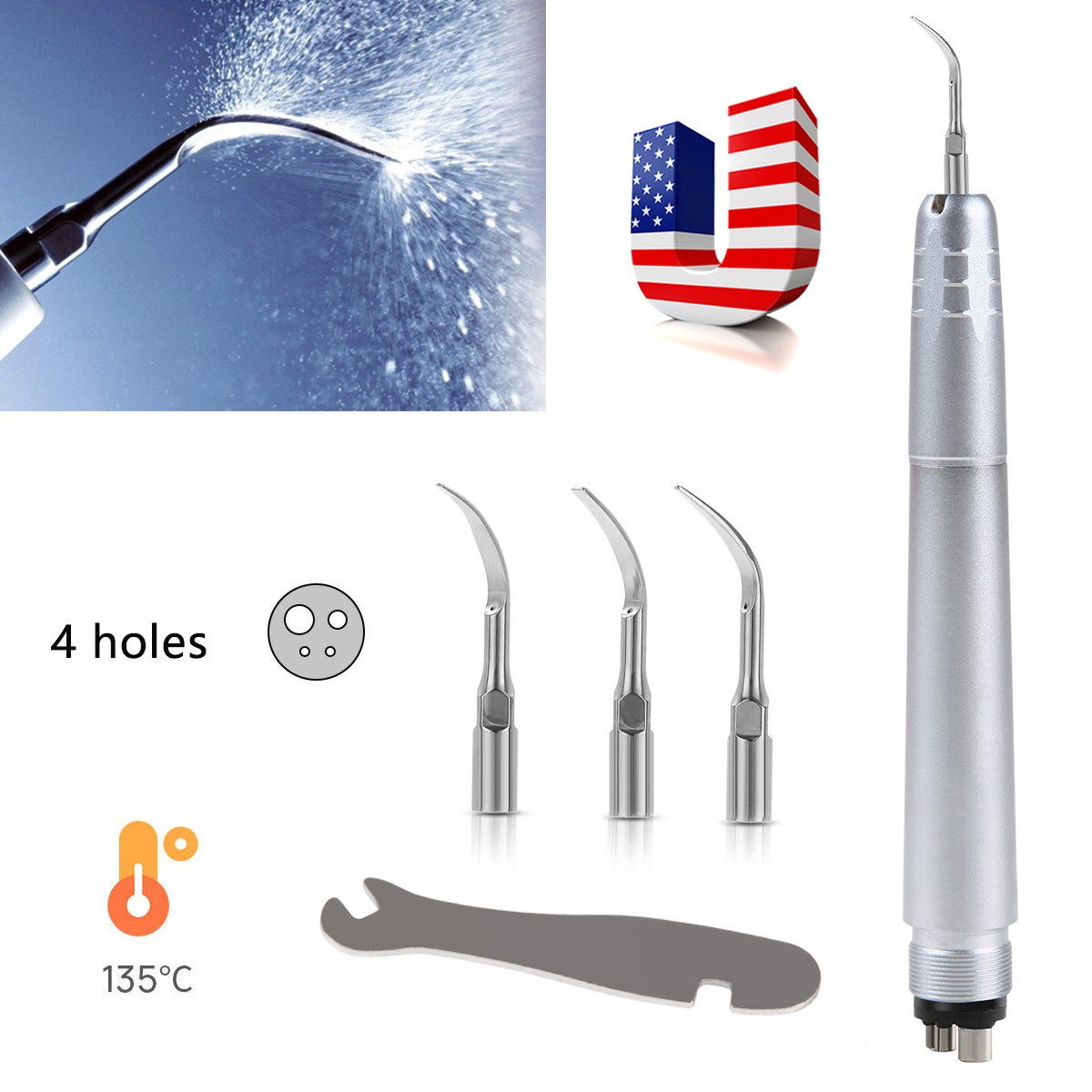 Dental Ultrasonic Air Perio Scaler Handpiece Hygienist 4 Hole w/ 3 Tips Original