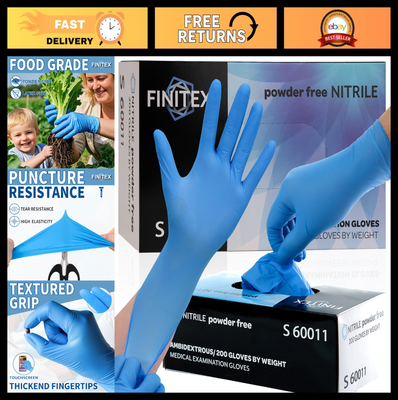 Blue Disposable Nitrile Exam Gloves – 200 PCS, 3.5mil, Powder-Free, Latex-Free,