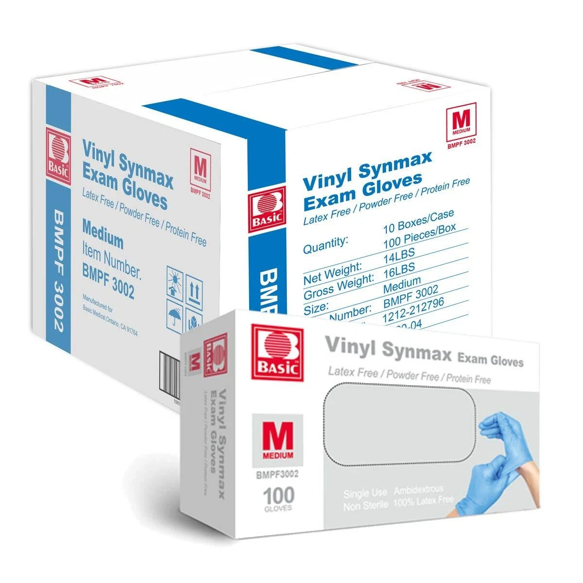 1000 Basic Medical Synmax Vinyl Exam Gloves Latex Powder Free Size M 10 Boxes