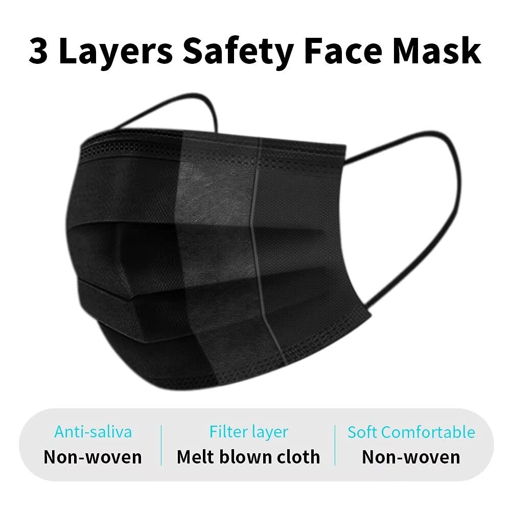 300 PCS Breathable Disposable 3-PLY Black Face Mask Ear loop Mouth Cover Dust