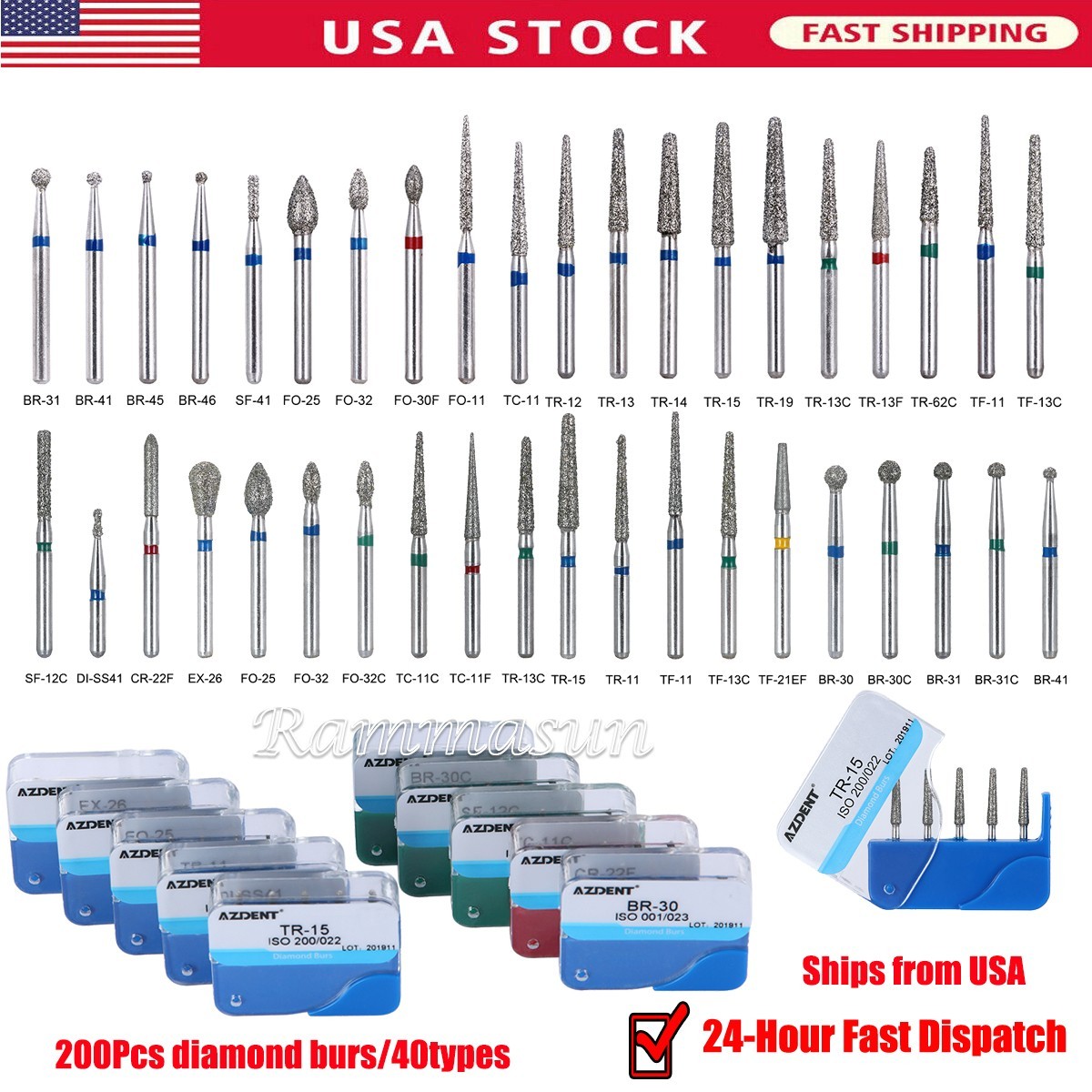 AZDENT Diamond Burs 200pcs Dental for High Speed Handpiece Medium FG 1.6MM