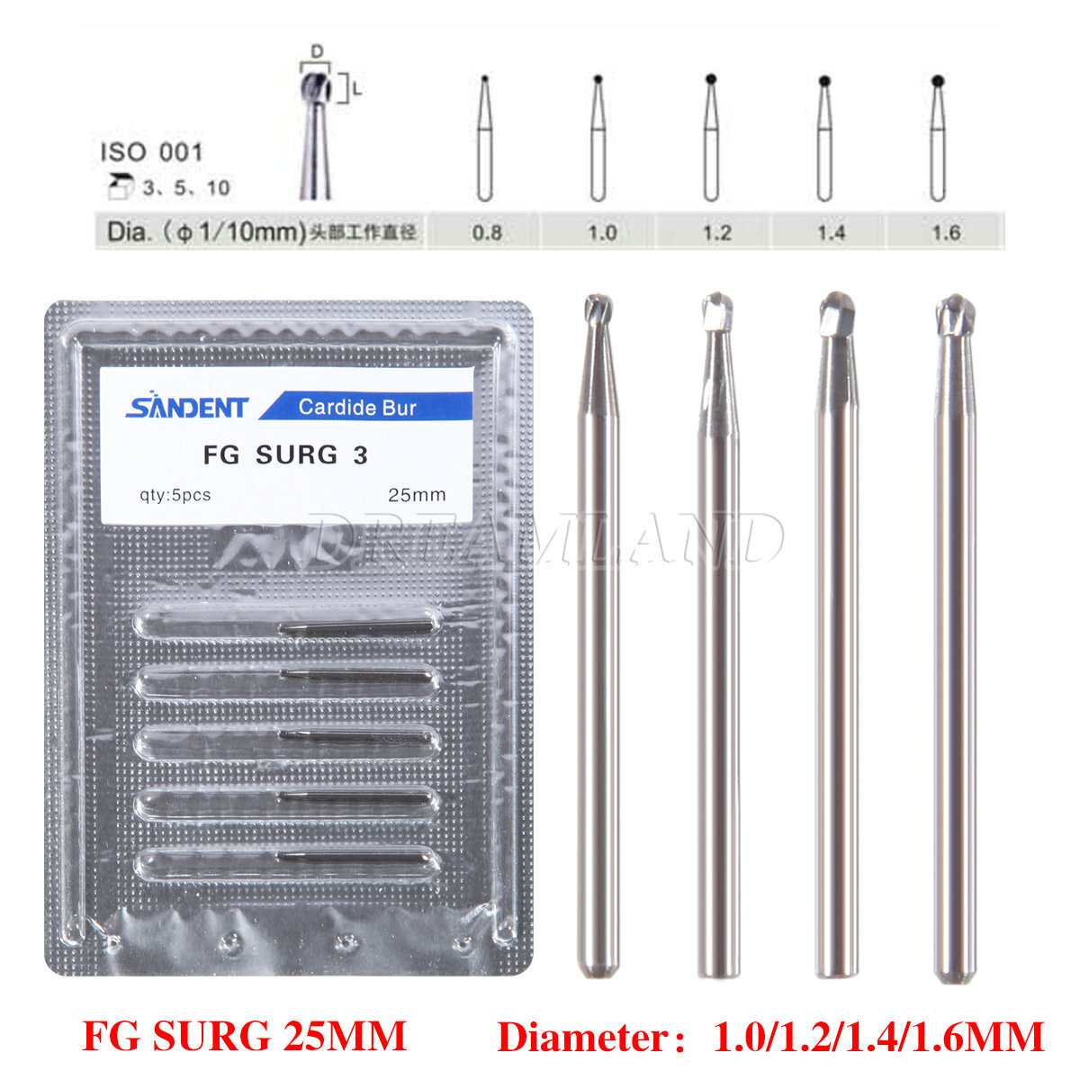 5pcs/pack Dental Surgical Round Burs FG 2 3 4 5 Carbide Length Bits Long Shank
