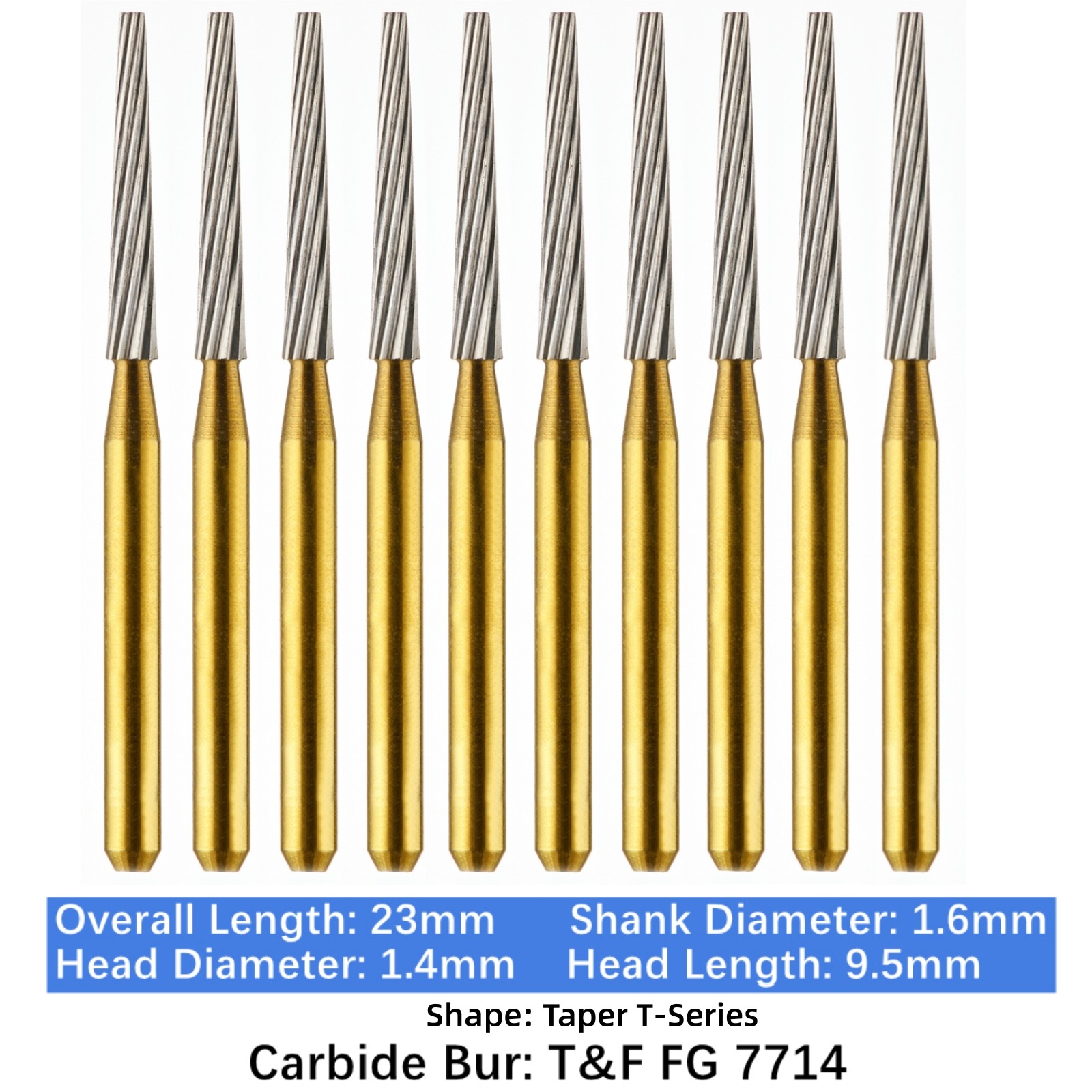 10-100pcs Dental Trimming & Finishing Gold Burs Taper Carbide Burs FG 7714