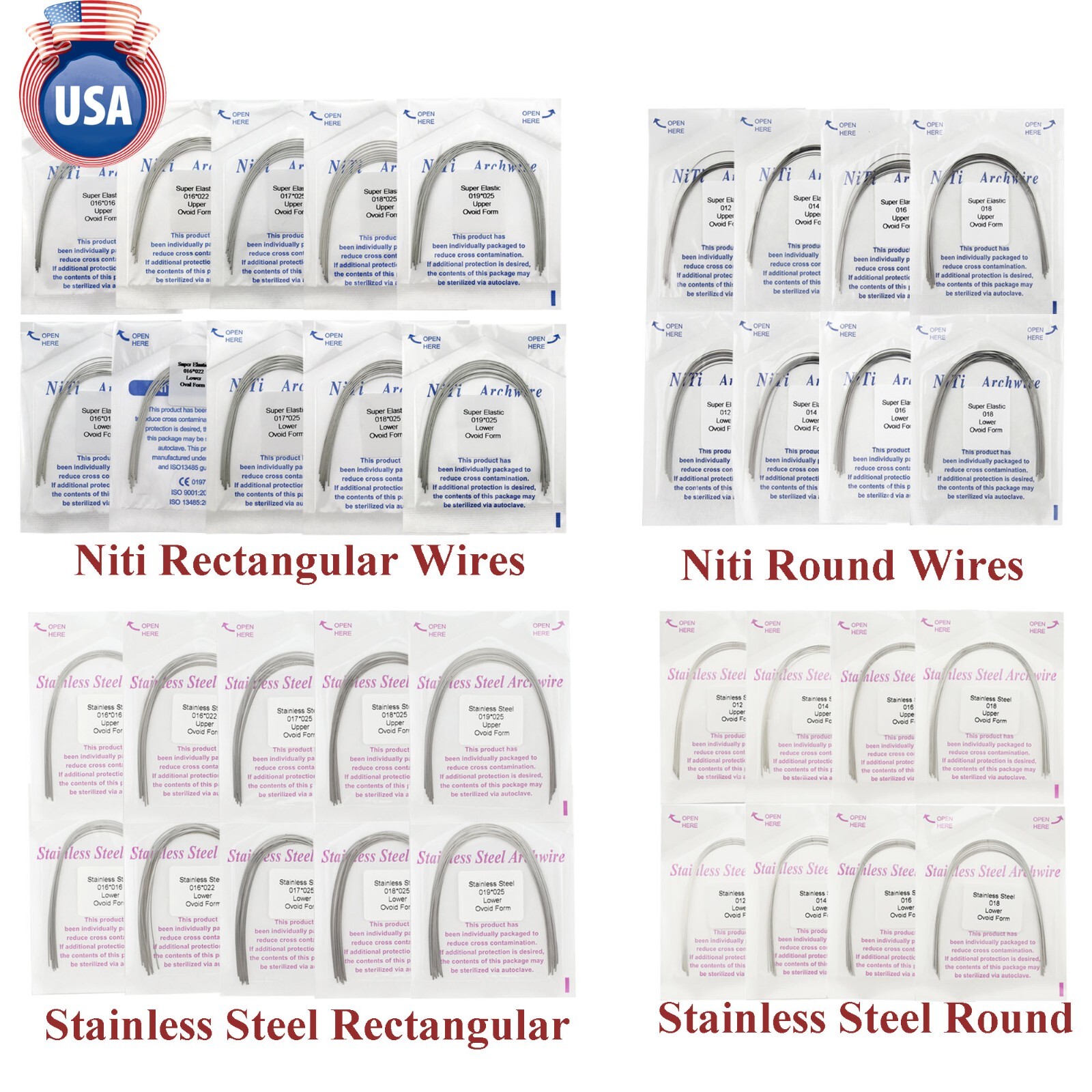 100Pcs Dental Orthodontic Arch Wire NiTi Stainless Steel Round Rectangular Ovoid