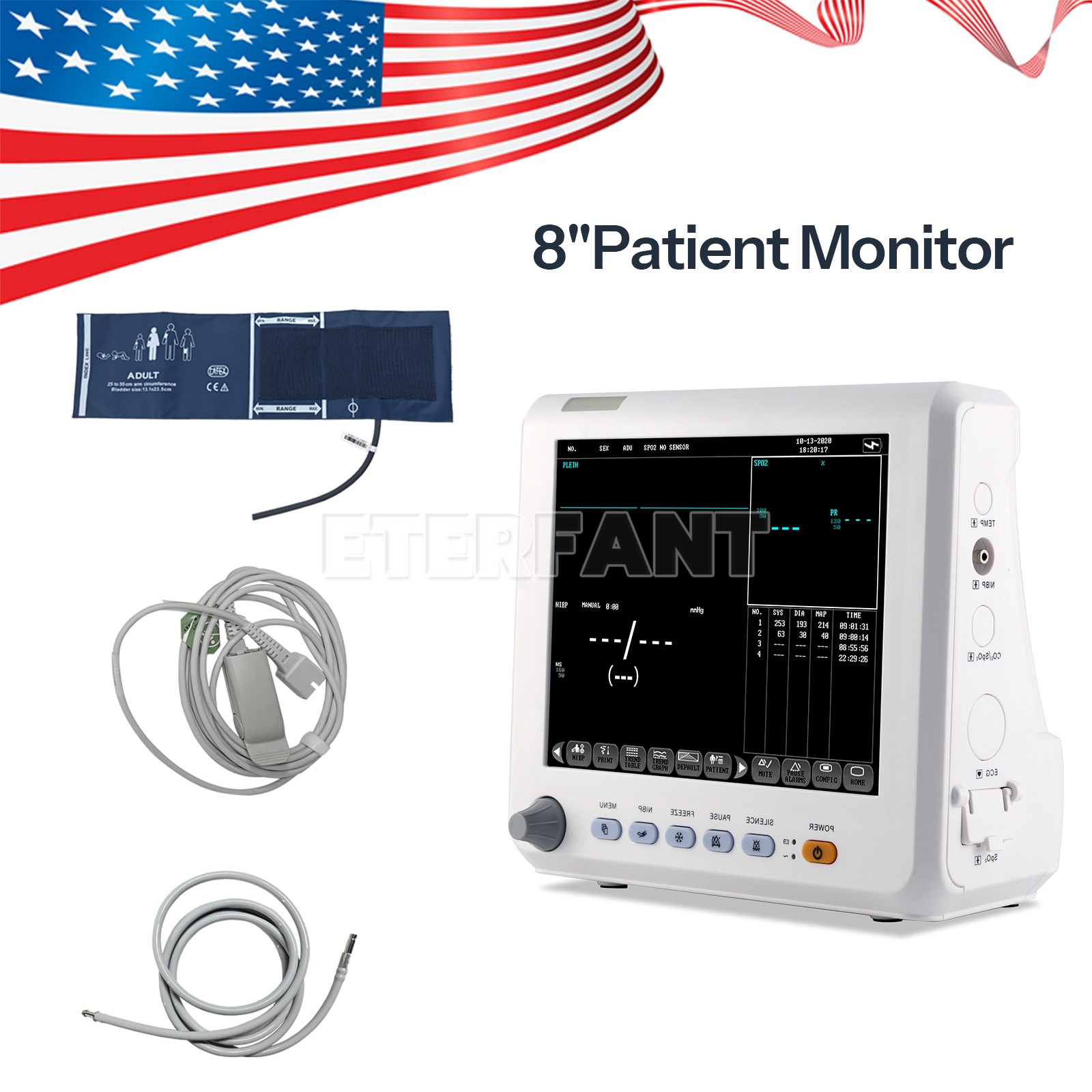 Portable 8″ Patient Monitor ICU Vital Sign Multiparameter NIBP, PR, SPO2,TEMP