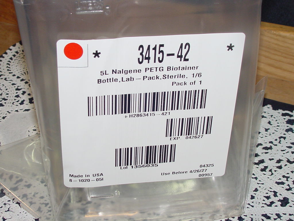 3415-42 Nalgene PC 5 Liter Biotainer Carboy, PETG, 5L, Sterile SEALED! NEW!