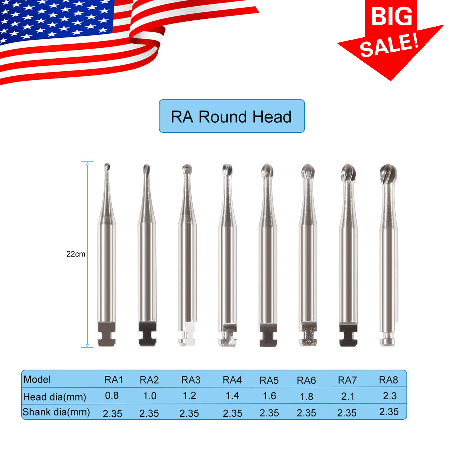 Dental Round Carbide Bur for Slow Speed Latch Type Handpiece RA 1# – 8# Burs