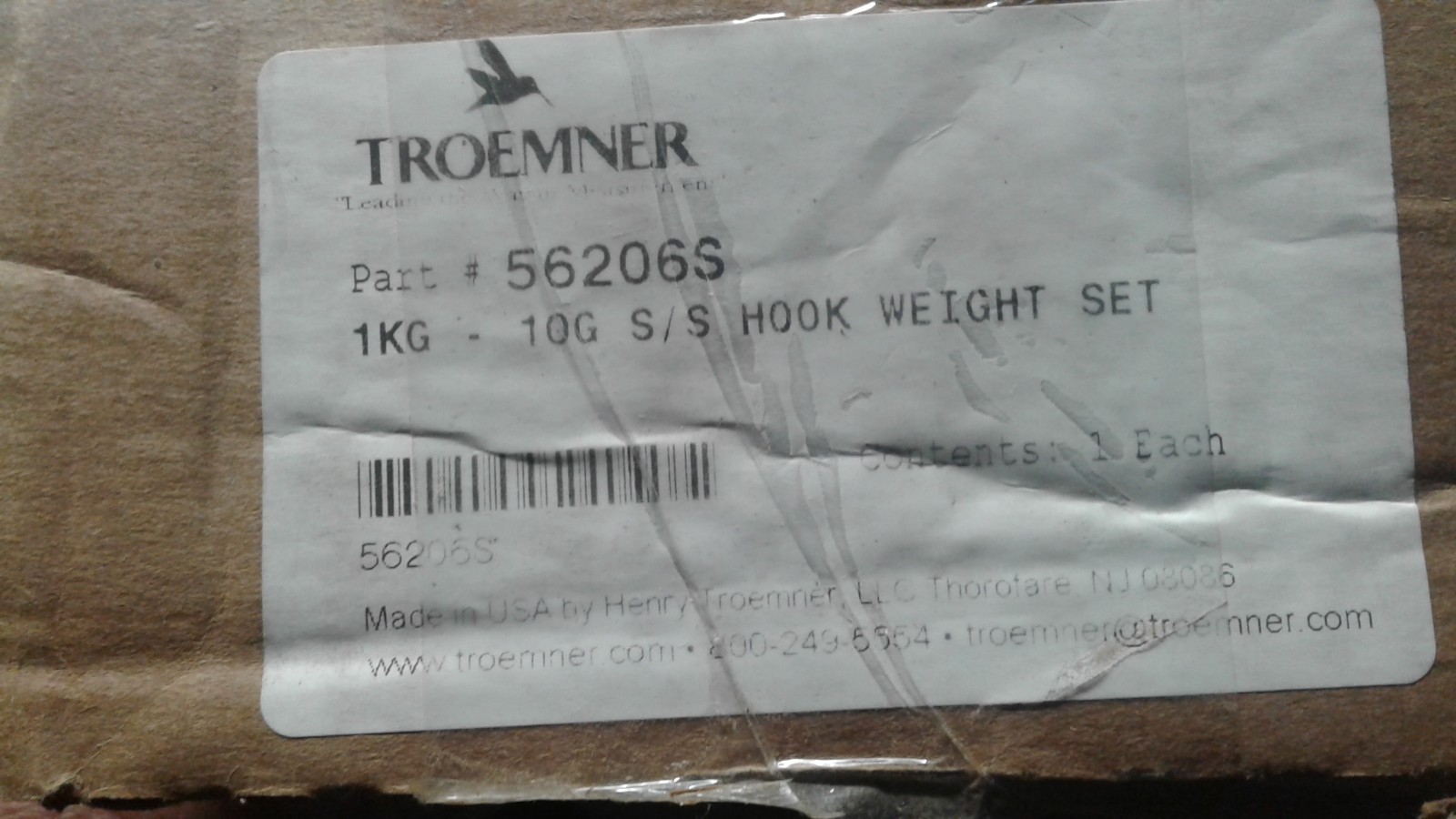Troemner Hook Weight Set 56206S – 1kg to 10g, ASTM Class 7, S/S, USA, used