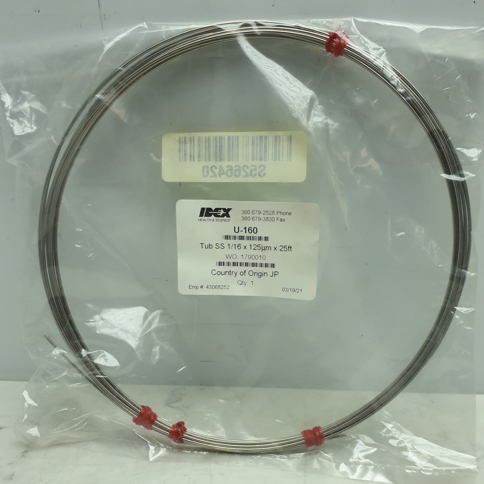 Idex U-160 Chromatography Tubing; 316 SS 1/16″ OD x 0.005″ ID x 25 ft L Red
