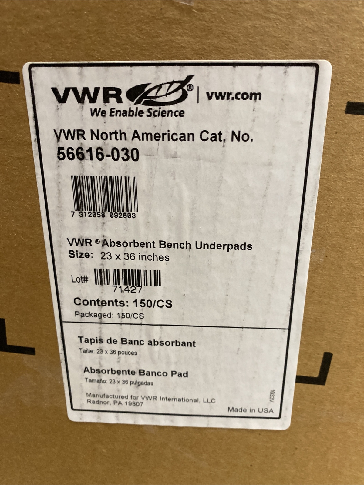 VWR Absorbent Pad with Waterproof Barrier 23 x 36 in. 150 Pads