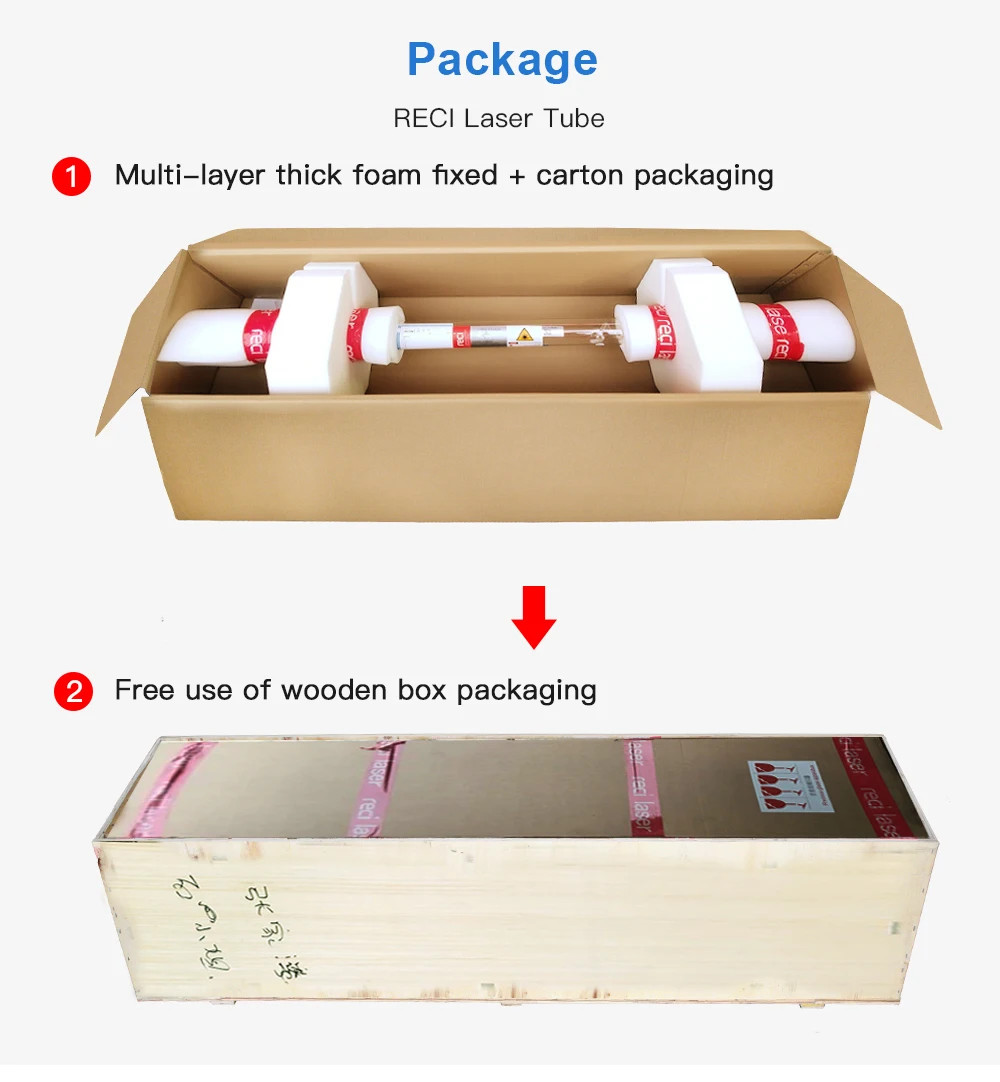 RECI Laser Tube W1 W2 W4 W6 W8 100W 150W for Laser Cutting and Engraving Machine