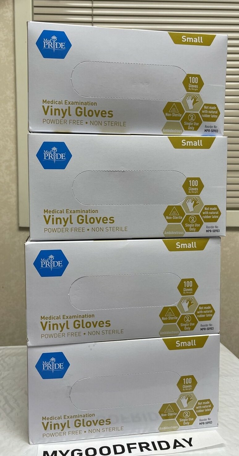 MedPride Powder-Free Vinyl Exam Gloves, Small, 4 Boxes 400 Gloves Each Box/100