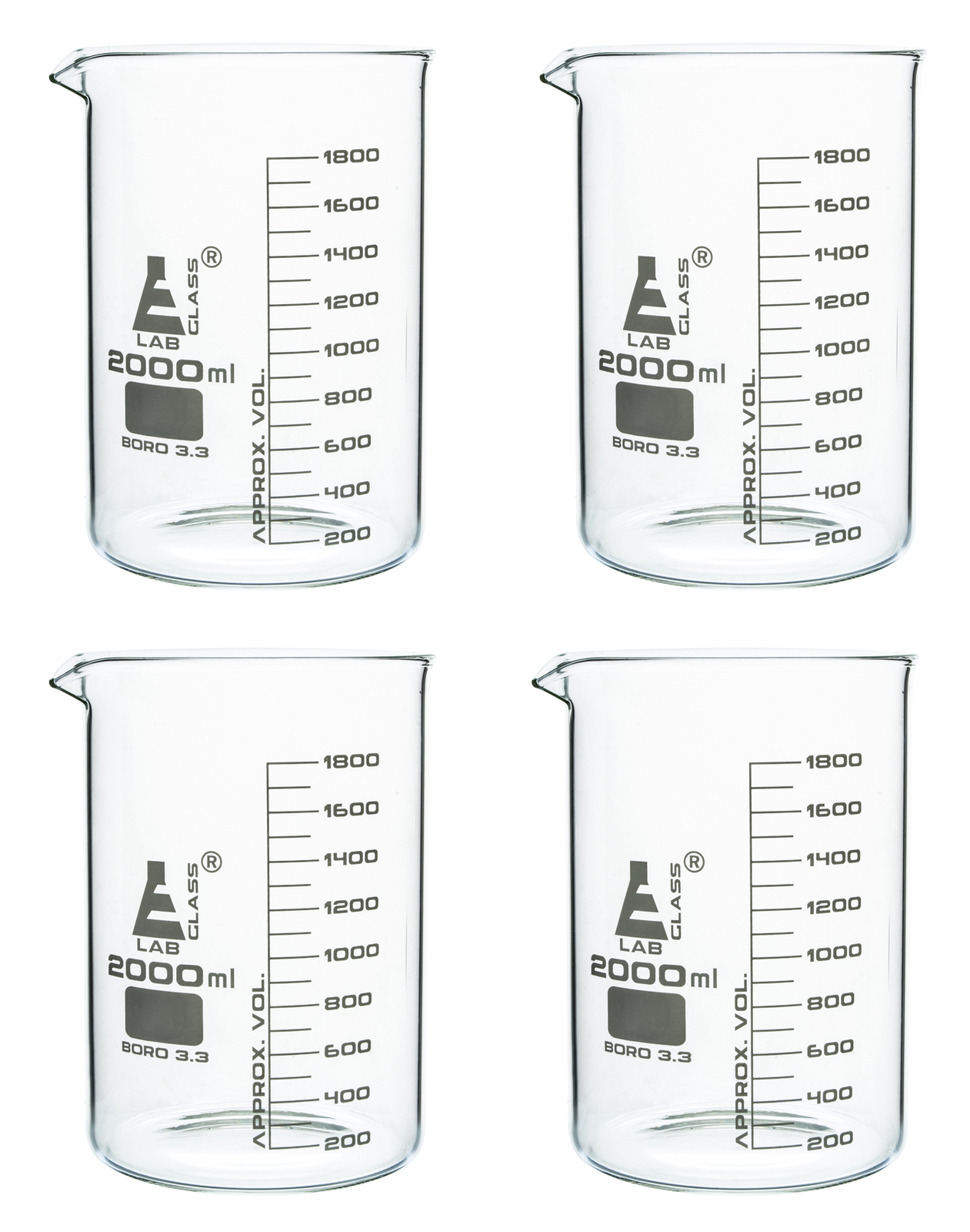 Eisco Labs 2000ml Beakers, Low Form, Graduated – Borosilicate Glass – 4 Pack
