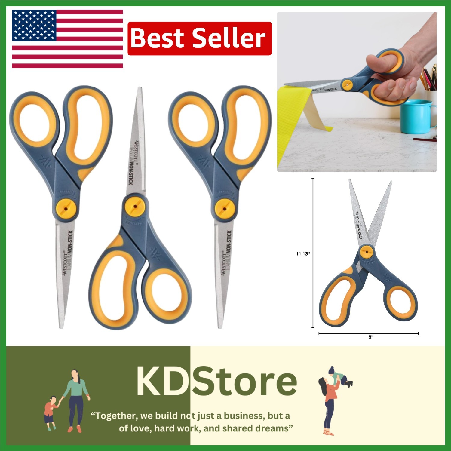 8-Inch Ambidextrous Non-Stick Titanium Scissors, Adjustable Glide – Set of 3