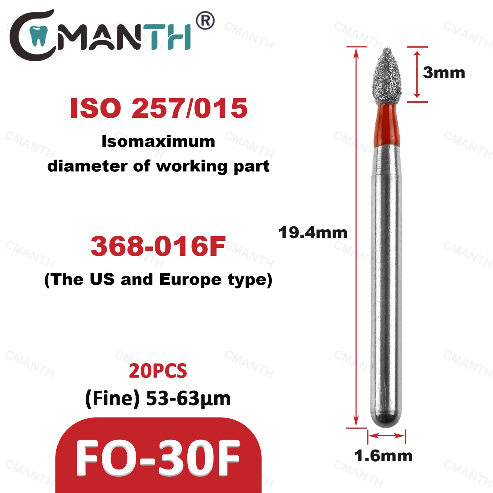 US FO Type Dental Diamond Bur Fine Polishing Drill FG1.6mm For High Speed 20Pcs